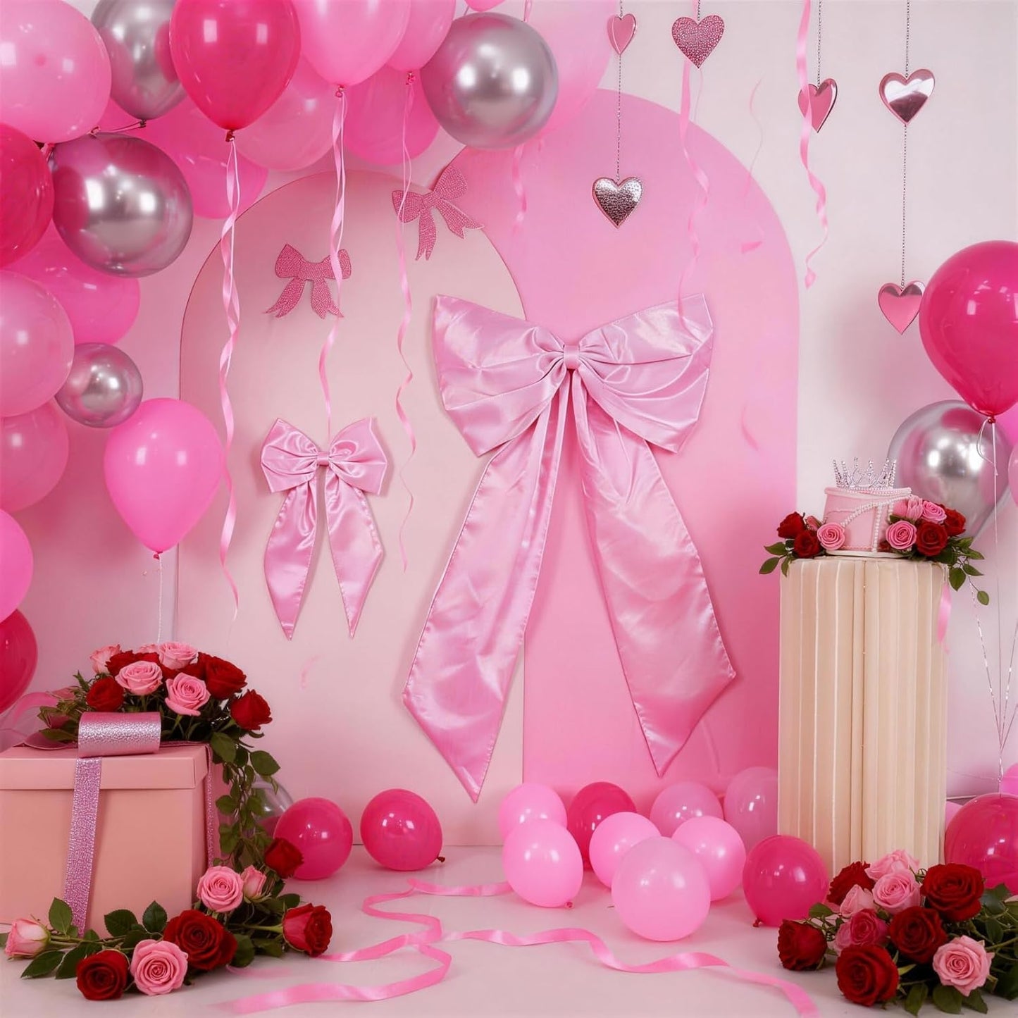 Skiennix Pink & White Bow Decor - 2 Pack Large & Small Coquette Room Backdrop for Events
