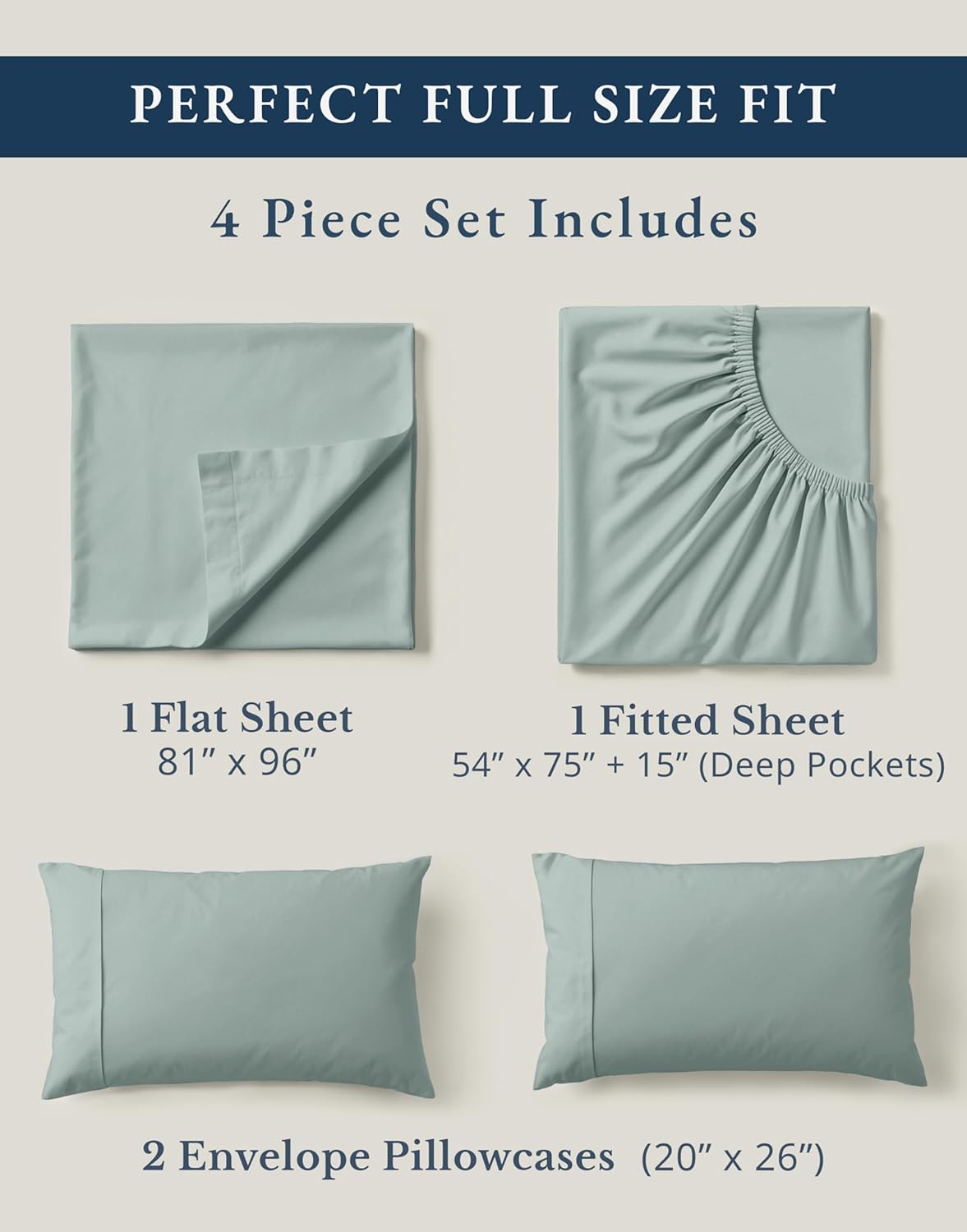 LANE LINEN 100% Organic Cotton Full Sheet Set - 4-Piece Soft Percale Bedding in French Blue, Fits Mattresses Up to 15" Deep