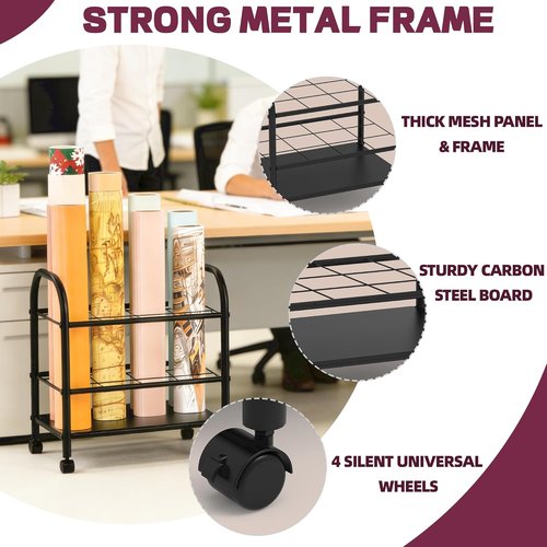 Blueprint Storage Holder with Wheels - 12-Slot Metal Roll File Rack with Silent Casters for Easy Mobility (Black)