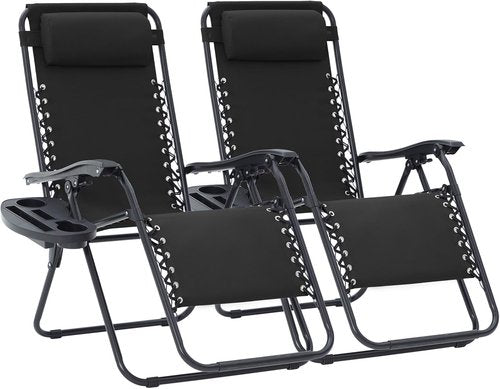 JEAREY Zero Gravity Lounge Chairs - Adjustable Steel Mesh Recliners with Pillows & Cup Holders | Set of 2, Black