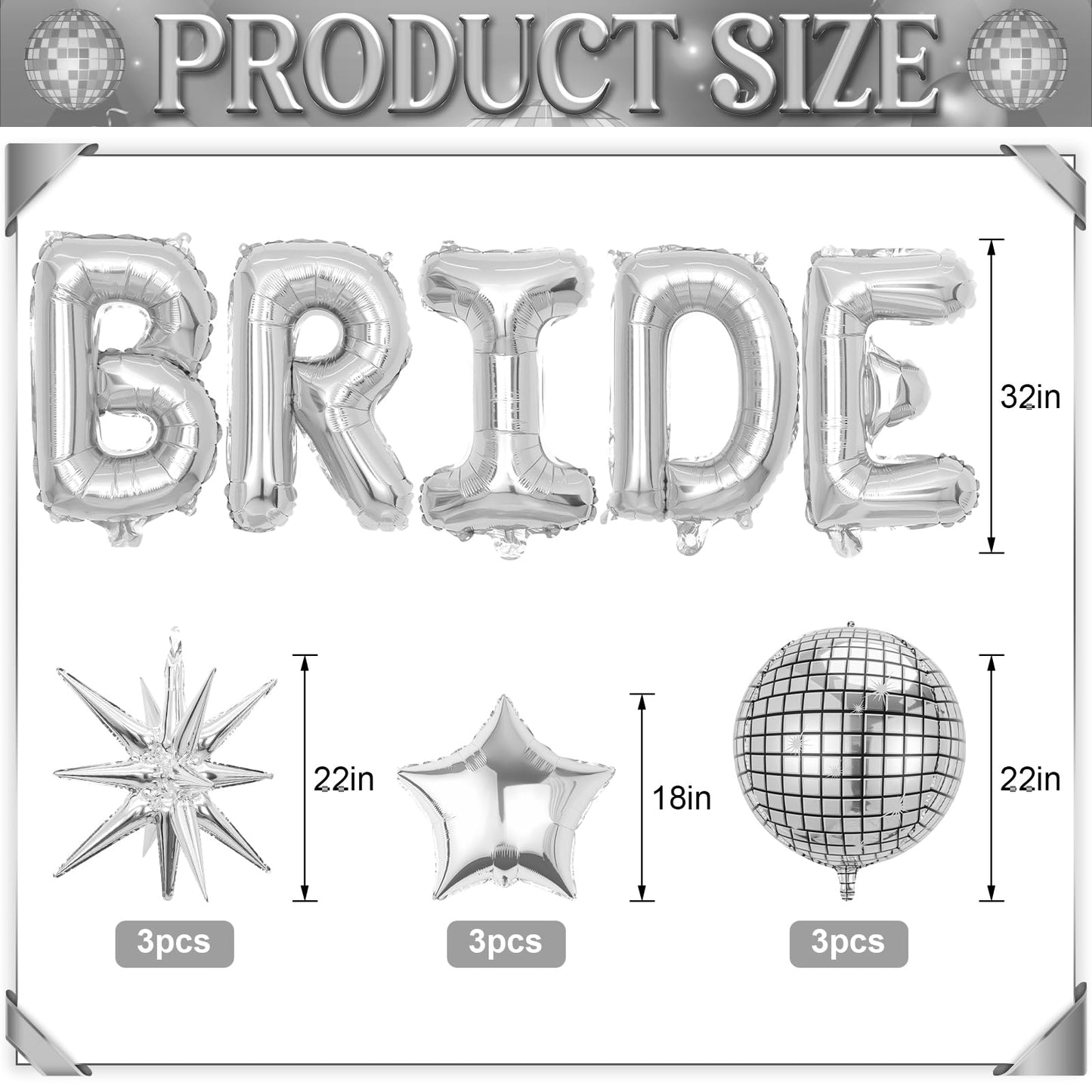 Silver Bride Balloons Bachelorette Party Decorations, 32in Silver Giant Bride Balloons with 4D Disco Ball Balloon and Star Foil Balloon for Bridal Shower Wedding Engagement Party Supplies