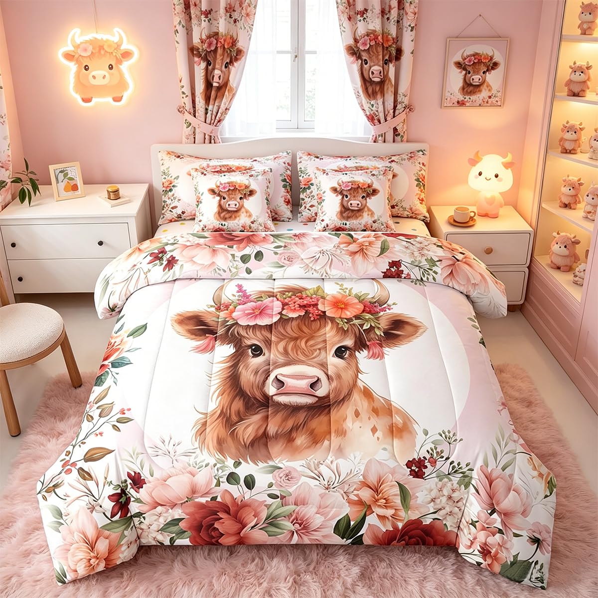Feelyou Cute Highland Cow Bedding Set Twin Size 7 Pieces Cartoon Animal Comforter Set Flower Floral Print Farm Zoo Garden Theme Bed in a Bag with Comforter, Sheets, Pillowcases & Cushion Cover