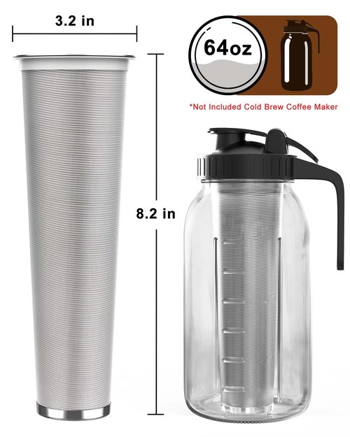 Cold Brew Strainer for 64oz Wide Mouth Mason Jars - 100-Micron Fine Mesh, Reusable 304 Stainless Steel Coffee Cold Brew Filter with Sealing Ring for Cold Brew Coffee Maker, Tea Infuser
