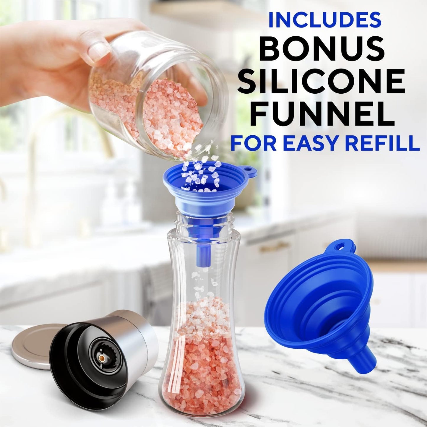 Premium Salt and Pepper Grinder Set - Refillable Stainless Steel Shakers with Adjustable Coarse Mills | Easy Clean Ceramic Grinders