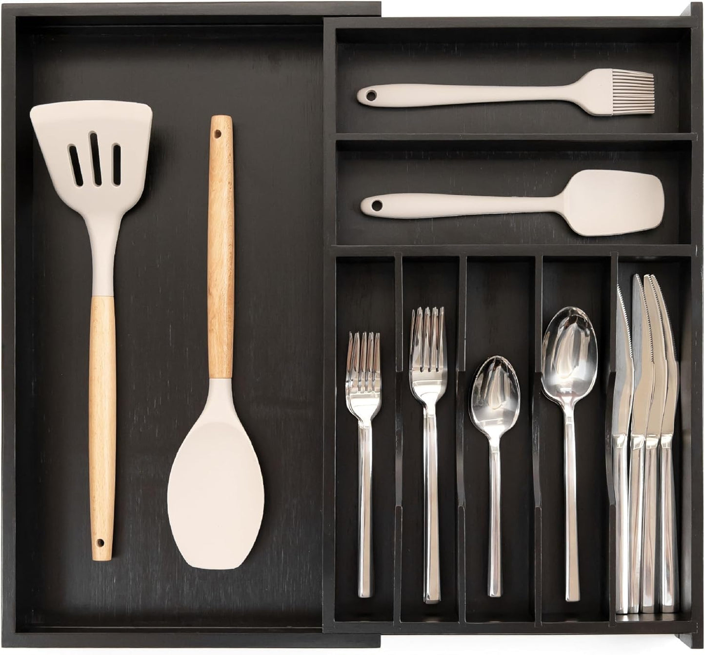 KitchenEdge Premium Flatware Organizer - Expandable Food-Safe Utensil Holder, Black Bamboo, 10.5 to 19 In