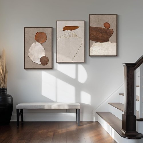 Framed Neutral Abstract Wall Art - 3 Piece Earth Tones Canvas Prints for Living Room | 16x24 Inch