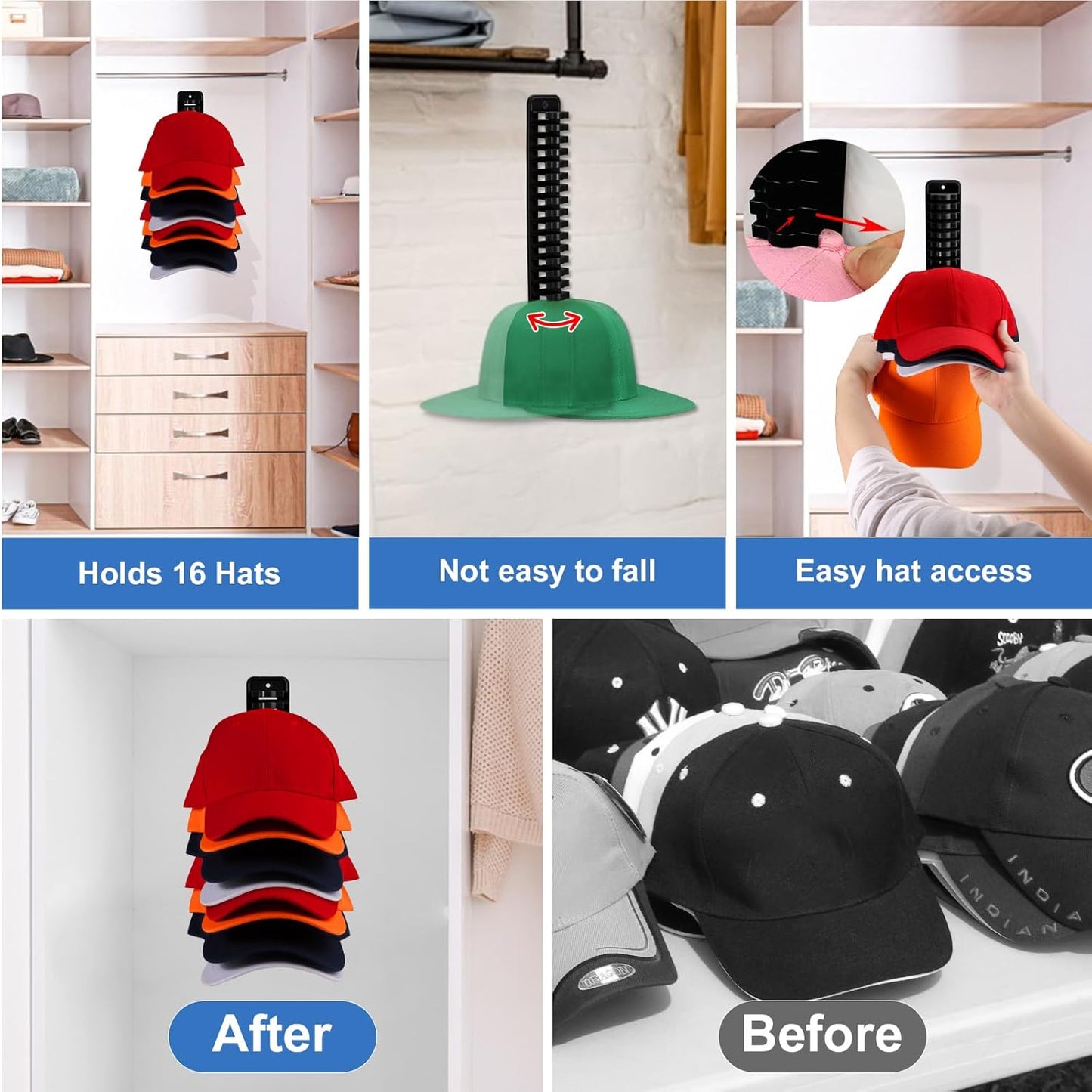 MAGTSMEI Baseball Cap Organizer - Vertical Hat Holder for Closet & Door | Large Capacity, Space-Saving Design (Black)