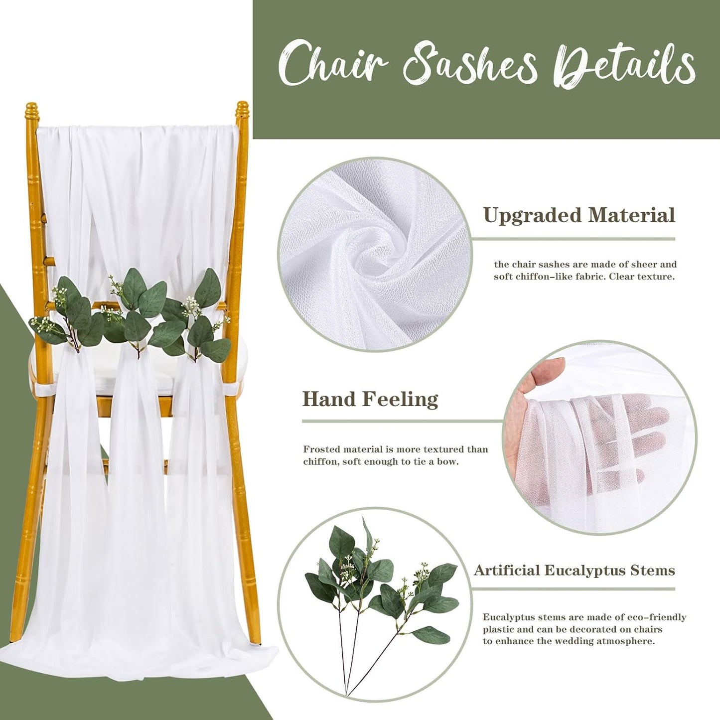 QueenDream Chair Sashes - Elegant White Draping Fabric for Weddings | 24 Packs, 8ft Long
