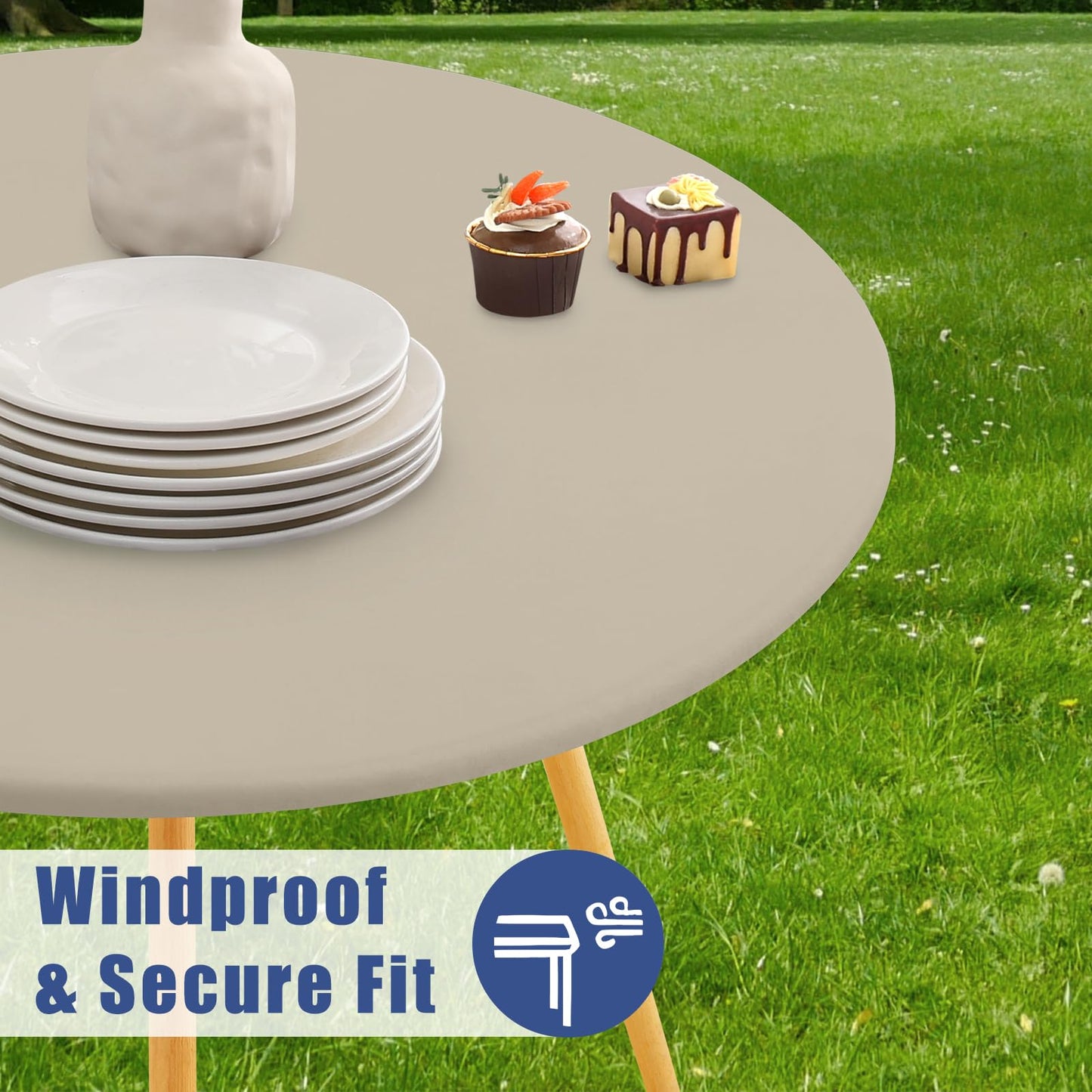 Moosfor Round Spandex Tablecloth, Elastic Fitted Waterproof Tablecloths for 31"-35" Tables, Stretch Washable Picnic Table Cover for Camping, Dining, Indoor and Outdoor, Taupe