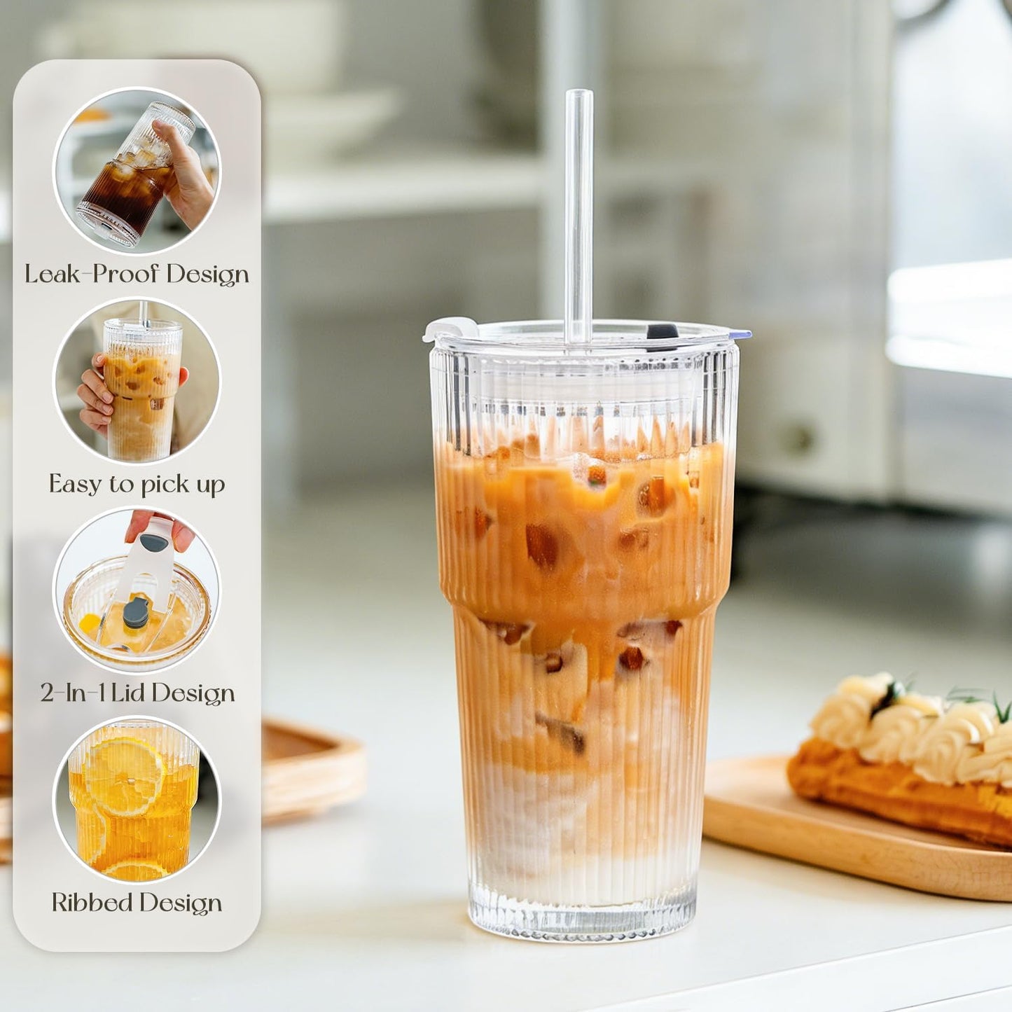 KEMORELA 20 oz Ribbed Glass Tumblers - Vintage Iced Coffee Cups with Lids & Straws | Reusable Clear Glassware