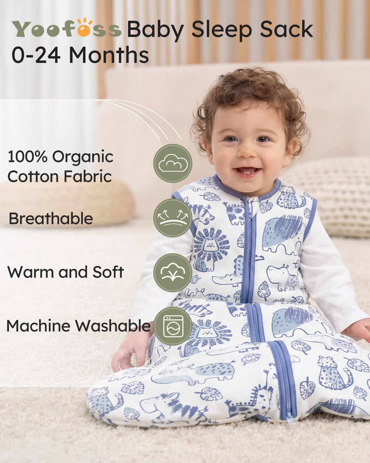 Yoofoss Baby Sleep Sack - 1.5 Tog Wearable Blanket for 12-18 Months | Soft Organic Cotton, 2-Way Zipper