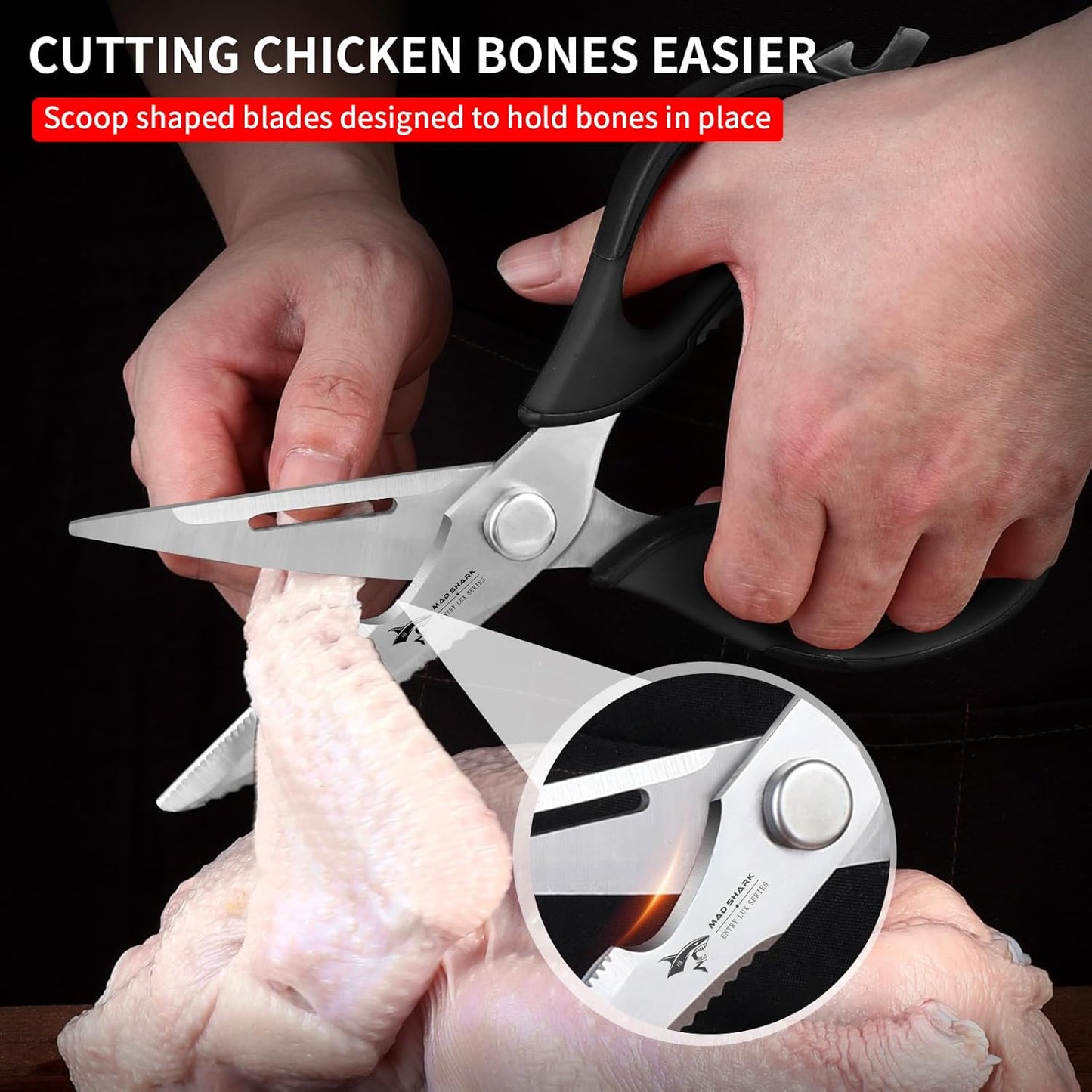 MAD SHARK Kitchen Scissors - Heavy Duty Stainless Steel Utility Shears with Comfort Grip | Black