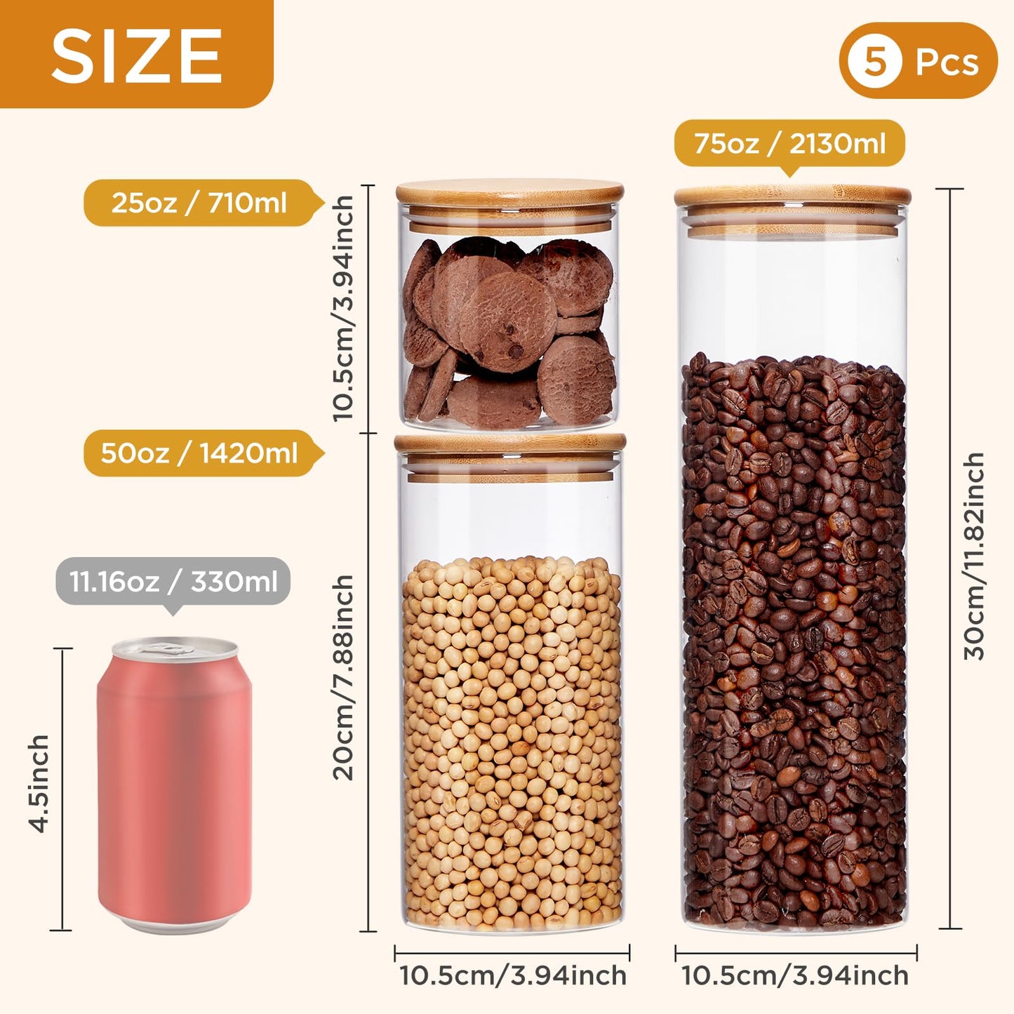 Spreccio Glass Food Storage Jars with Lids[Set of 5], Perfect for Pasta, Cookies, Nuts, Coffee, Cereal, Flour, and More, Organize Your Kitchen and Pantry with these BPA-Free Glass Canisters