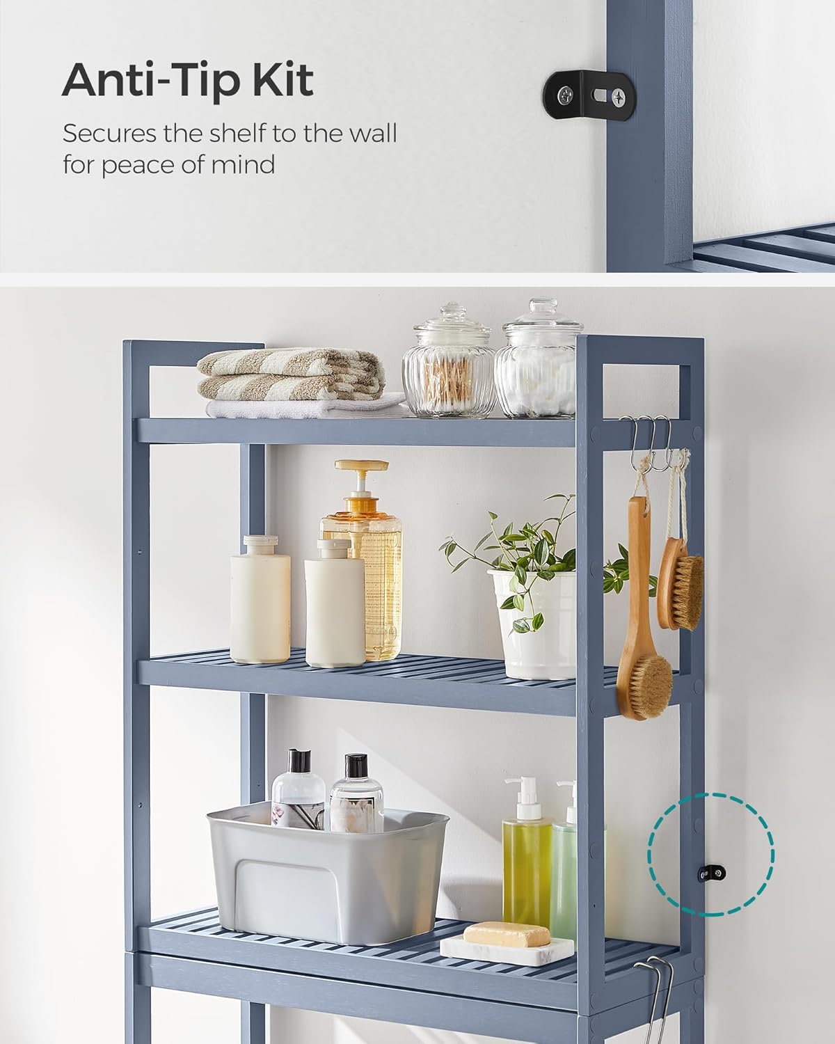 SONGMICS Over The Toilet Storage - 3-Tier Bathroom Organizer with Adjustable Shelf | Space-Saving Gray, 10.2 x 24.8 x 66.9 Inches