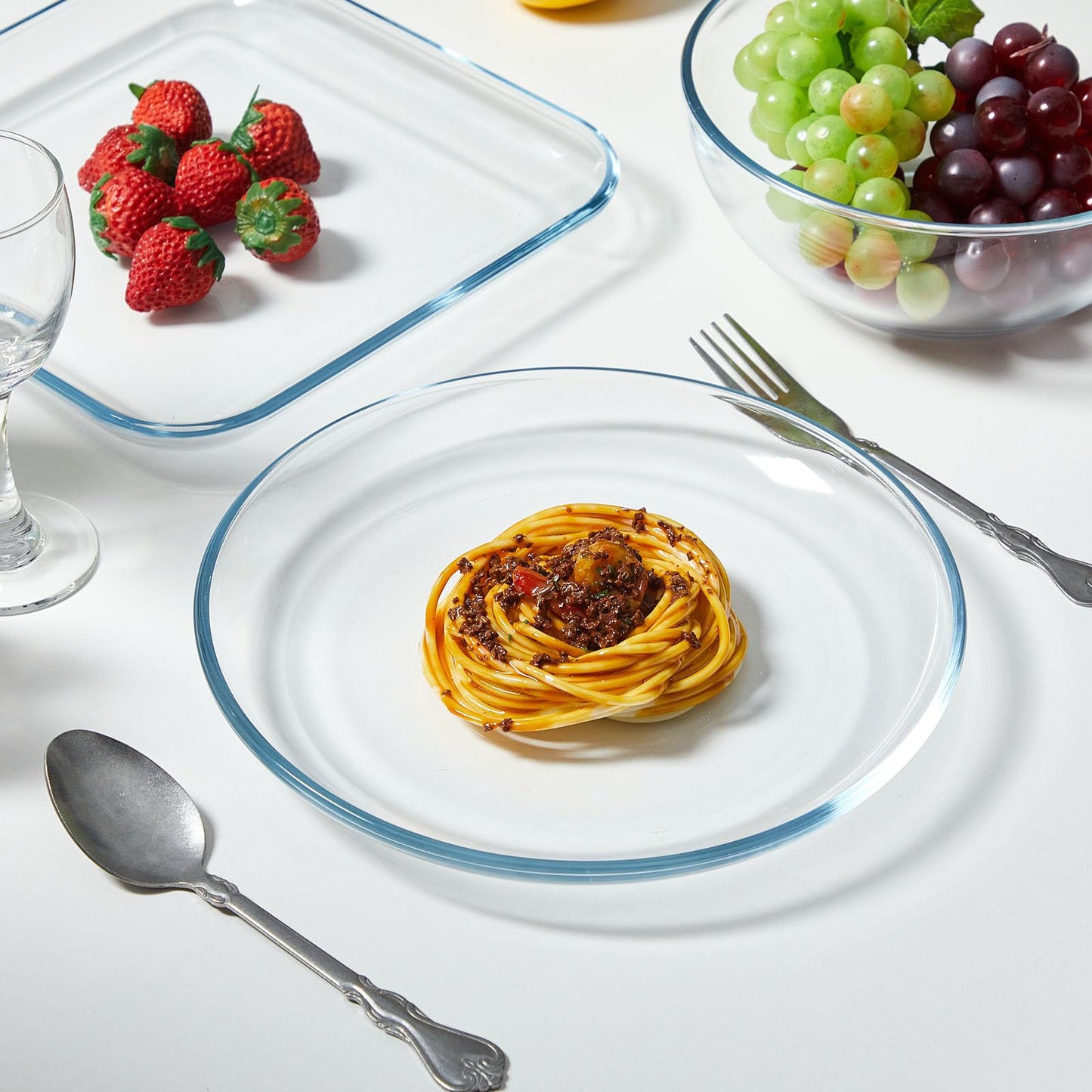 6 Pcs Clear Glass Dinnerware Set Glass Plates and Bowls with Blue Tint Round Square Tempered Plates 10'' and Kitchen Serving Bowl 8'' for Dessert, Salad, Fruit, Dishwasher and Microwave Safe