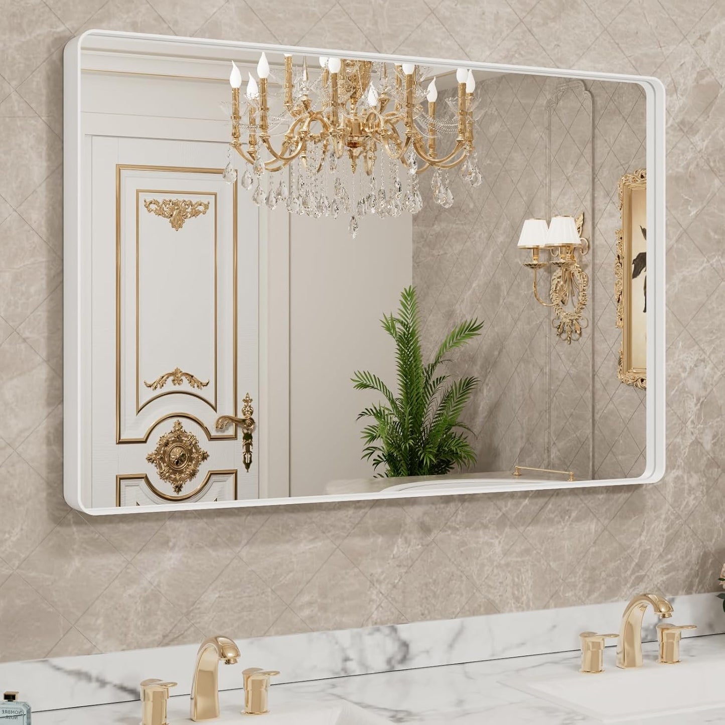 LOAAO Bathroom Mirror - 48x30 Inch White Metal Framed Rounded Rectangle | Anti-Rust Tempered Glass