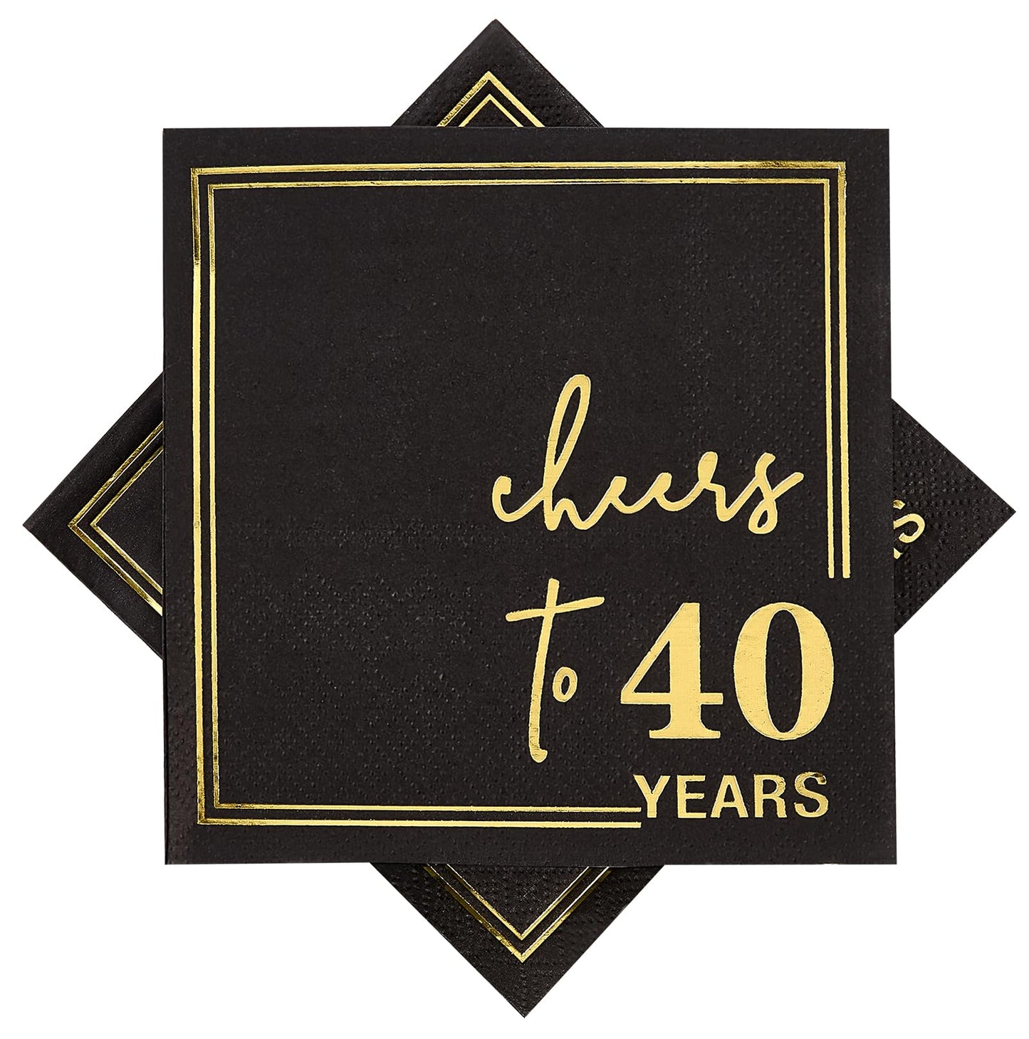 Ottin Black Cheers to 40 Years Cocktail Napkins, 5x5 Inches, 50 Counts, 3-Ply Disposable Gold Foil Party Napkins for 40th Birthdays Decorations, Anniversaries, Weddings