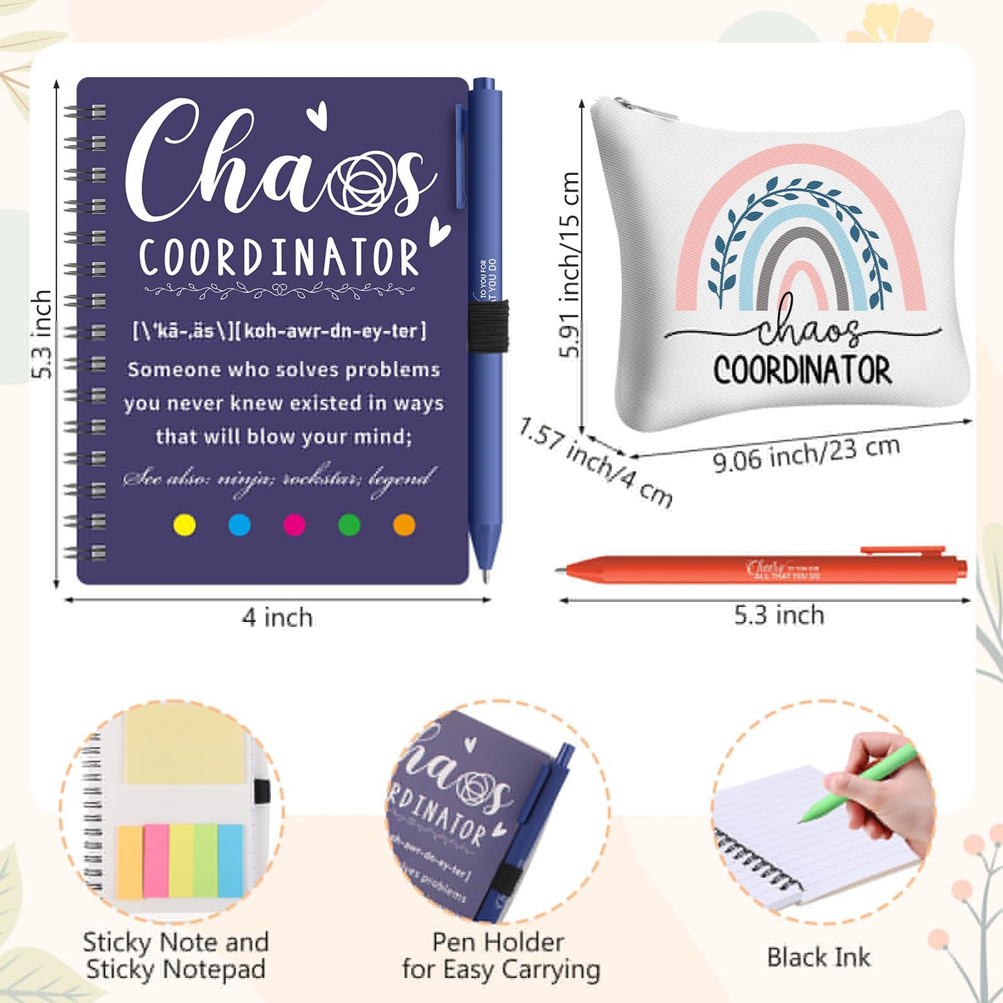 Sieral 24 Pcs Chaos Coordinator Gifts Employee Appreciation for Women Stainless Steel Tumbler with Lid Spiral Notebook with Sticky Note Pen Makeup Bag Thank You Gifts for Coworker Teacher Nurse