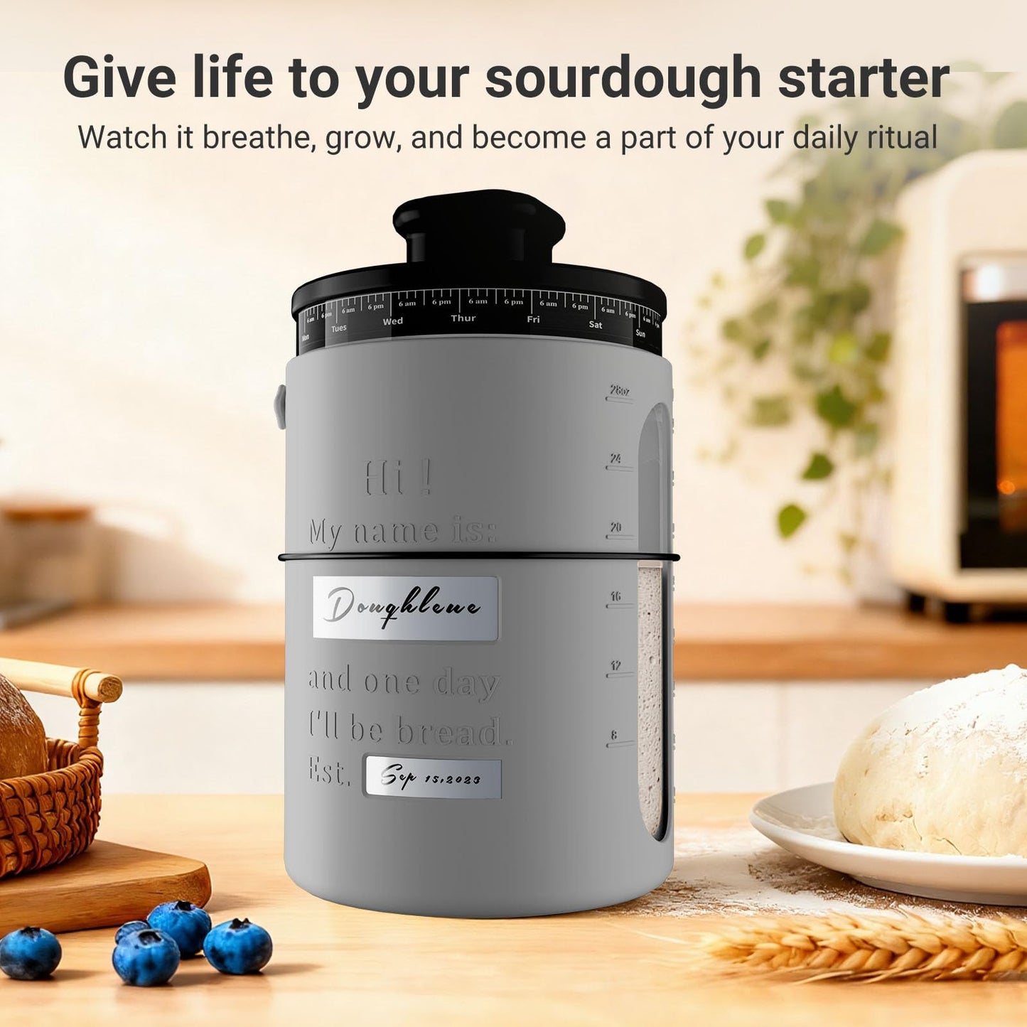 Pakusane Personalized 34 Oz Glass Sourdough Starter Jar with Vented Lid – Custom Name & Date – 34oz Large Glass Fermentation Container for Homemade Bread & Dough Grey