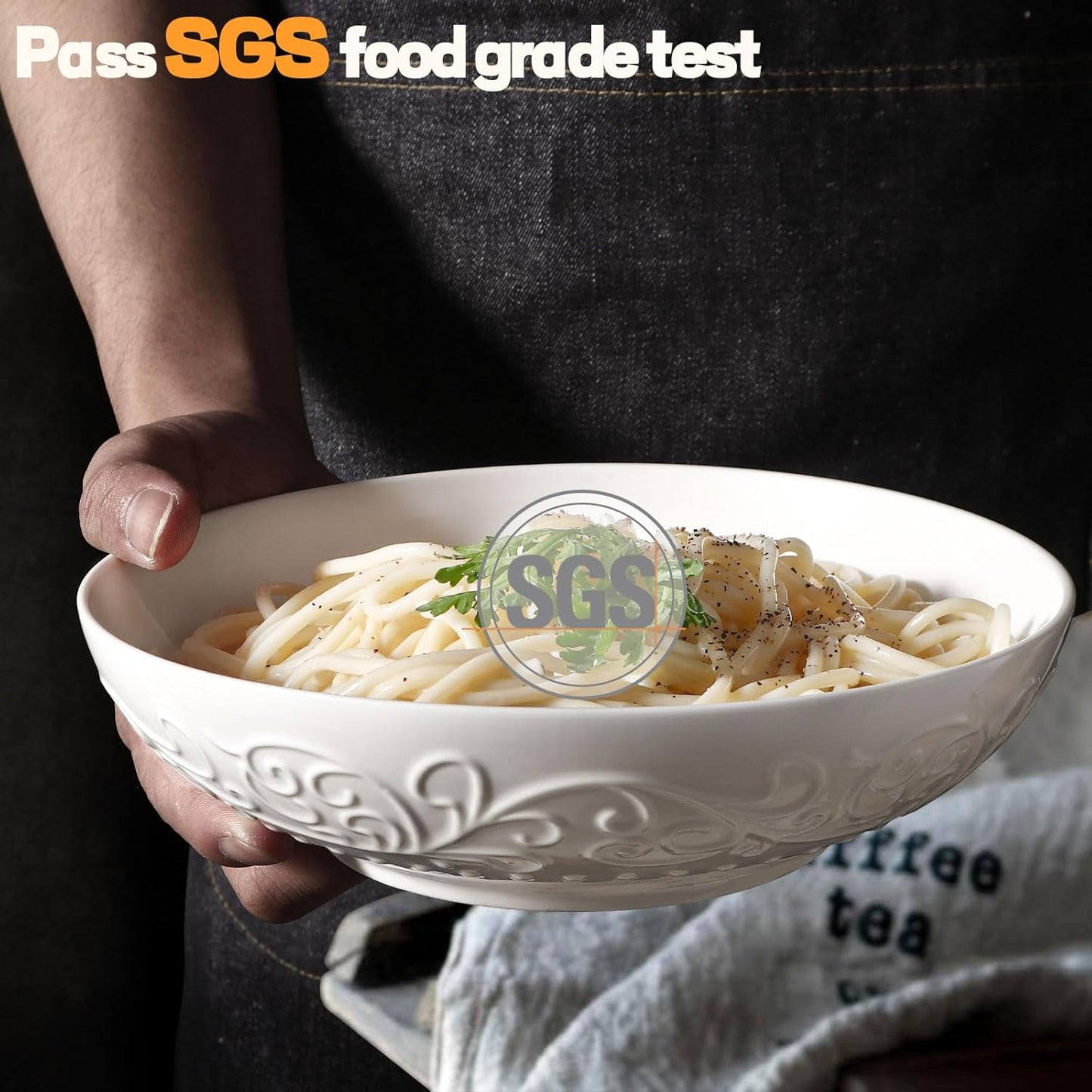 Artena Pasta Bowls Set of 4 - 32oz Ceramic Salad Bowls | 8-Inch White Embossed Design, Microwave & Dishwasher Safe