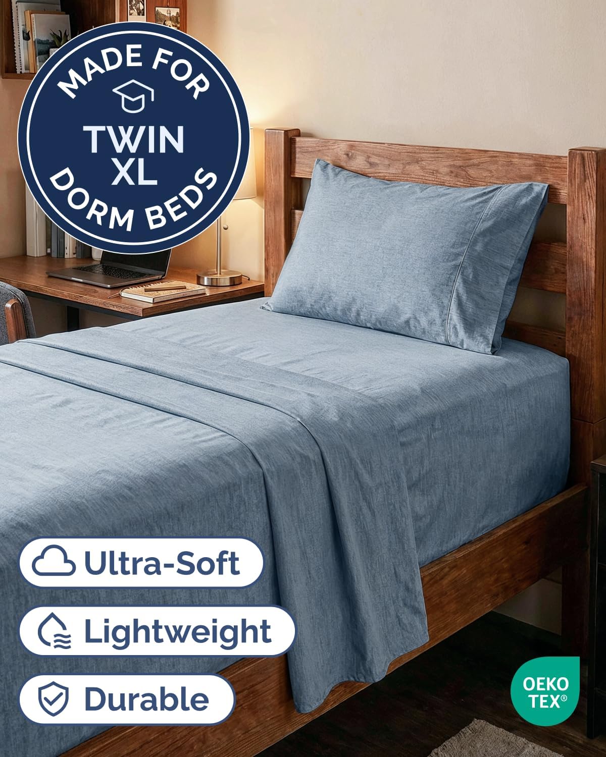 Skiennix Extra Deep Twin XL Sheet Set | 4-Piece Breathable Cooling Bedding - Soft, Wrinkle-Free, Heathered Blue