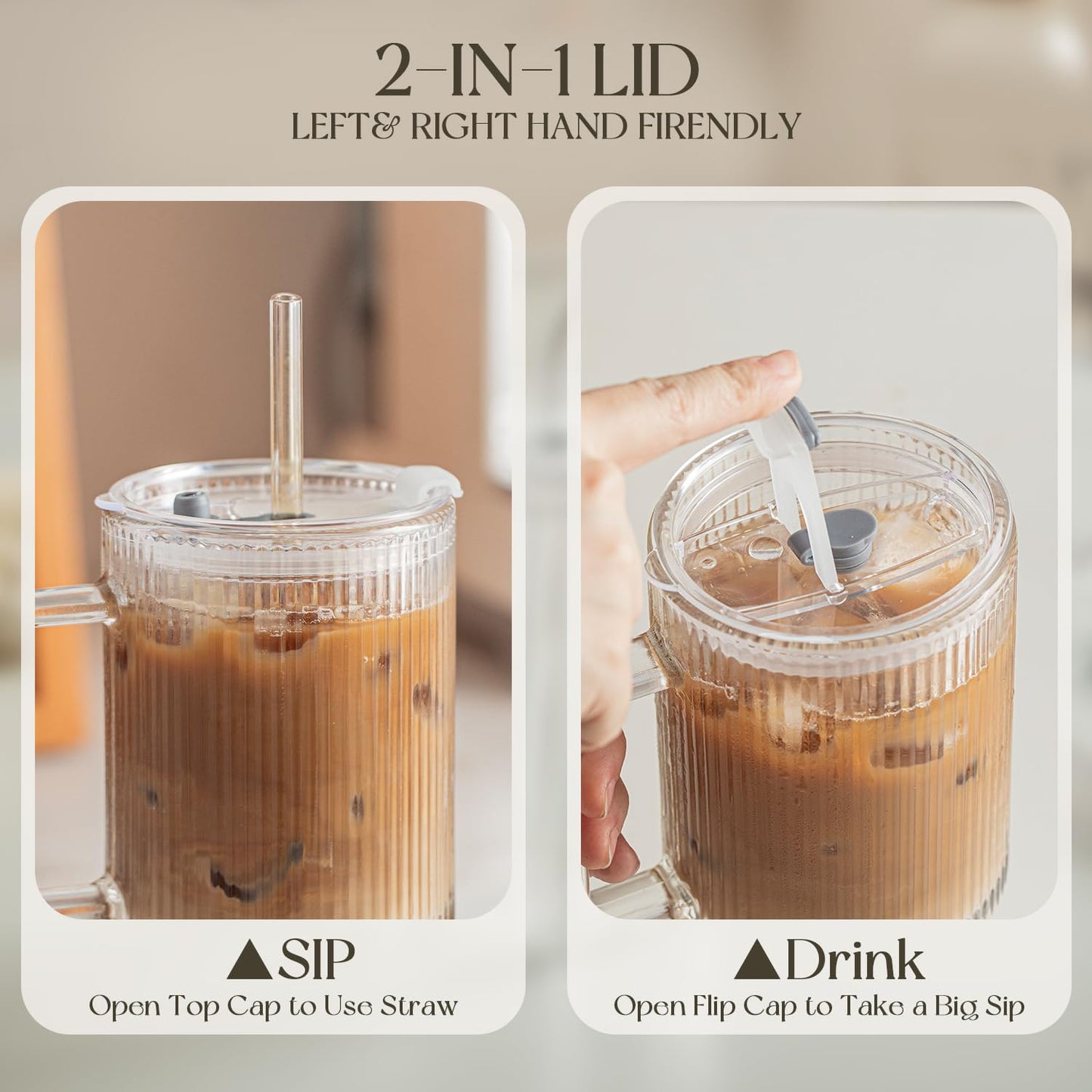 KEMORELA 24 Oz Ribbed Glass Tumblers with Lids and Straws, Tumbler Cup with Handle, Iced Coffee Glassware, Clear Reusable Drinkware for Smoothies and Beverages (1)