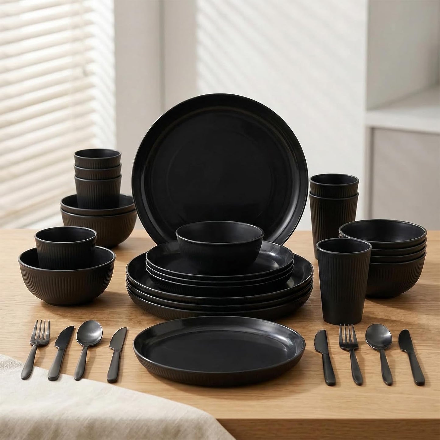 Skiennix 36-Piece Wheat Straw Dinnerware Set - Unbreakable Plates, Bowls & Cups | Dishwasher & Microwave Safe, Black