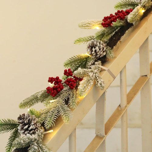 Bdor 6FT Pre-Lit Christmas Garland - Snow Flocked Pine with Red Berries & Pinecones | Battery Operated Holiday Decor