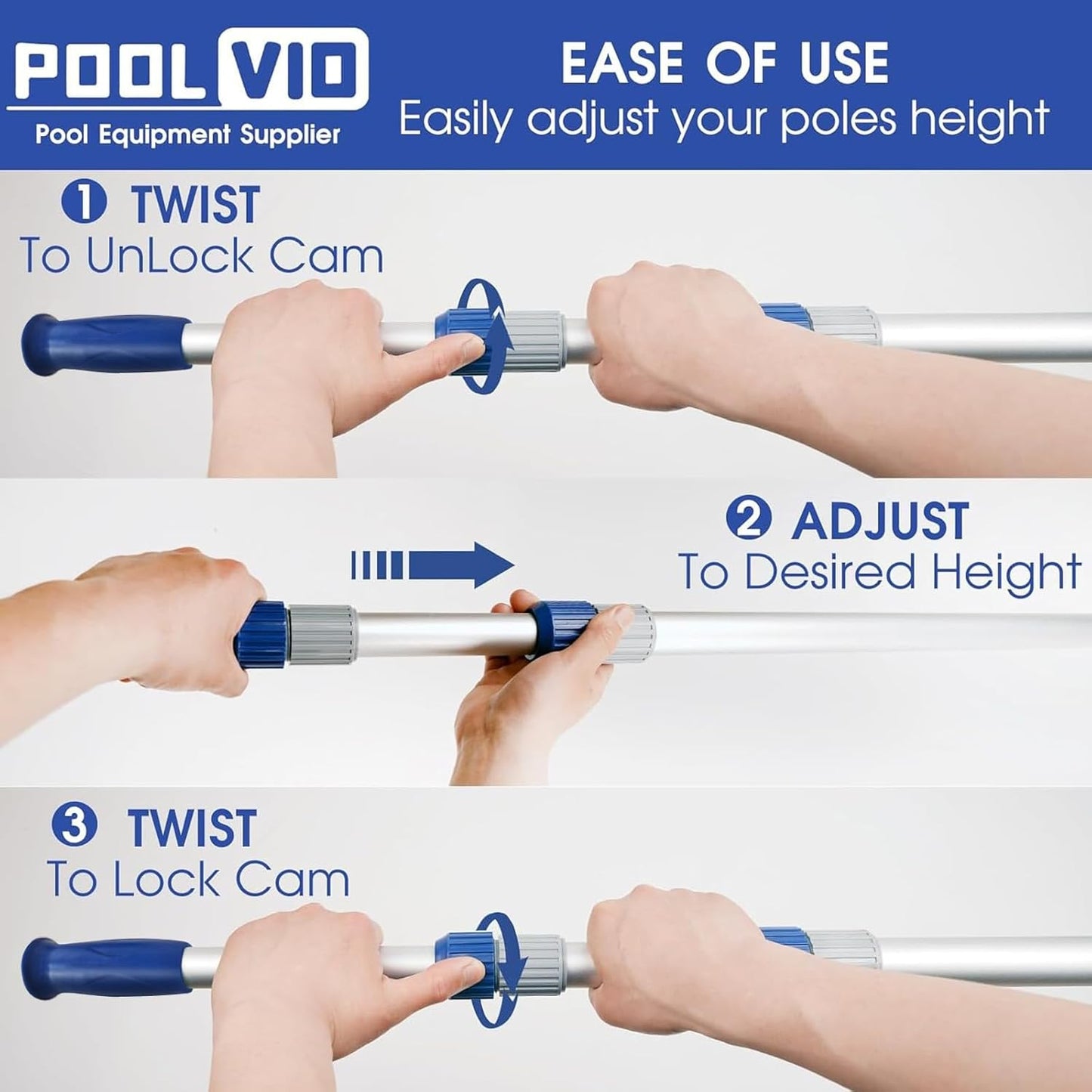 Poolvio 15 FT Telescopic Pool Pole - Adjustable Aluminum Skimmer Pole with Strong Grip & Lock