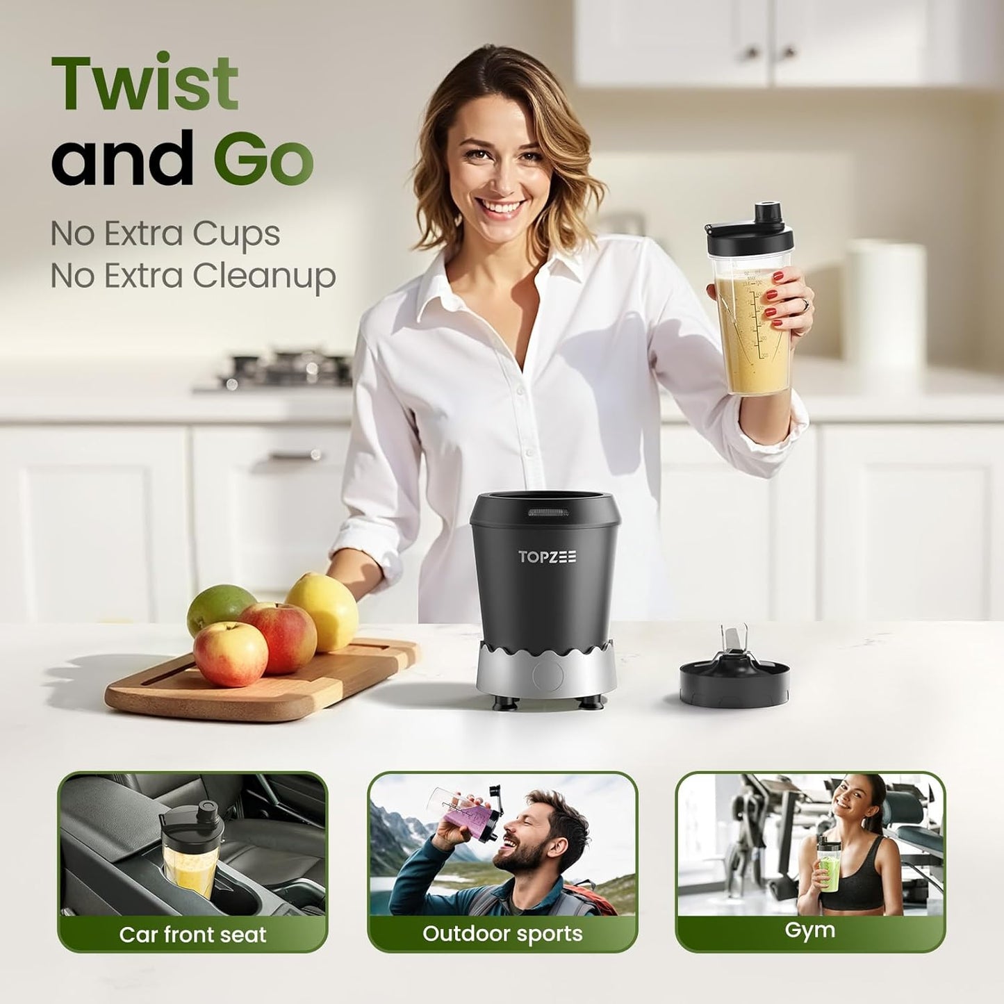 TOPZEE Personal Smoothie Blender - 1000W Single-Serve Blender with 24oz To-Go Cup | Ideal for Protein Shakes & Smoothies, Black
