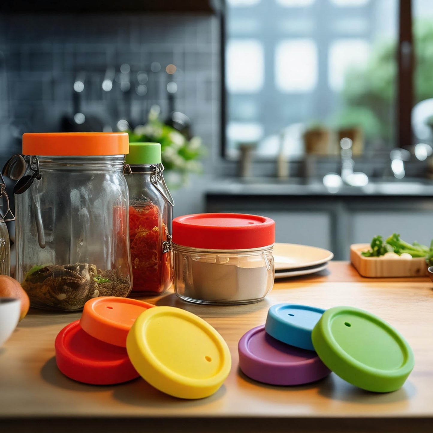 Teenyyou 6 Pcs Silicone Fermenting Lids for Wide Mouth Mason Jar, Airlock Waterless Fermenter Caps, 86 mm Silicone Cover with Vent for Kimchi, Fermented Probiotic Food, Jars Not Included(Classic)