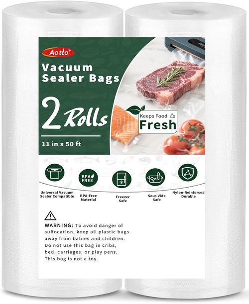Aotto Vacuum Sealer Bags - 2 Rolls of 11" x 50' BPA-Free Commercial Grade Food Storage Bags