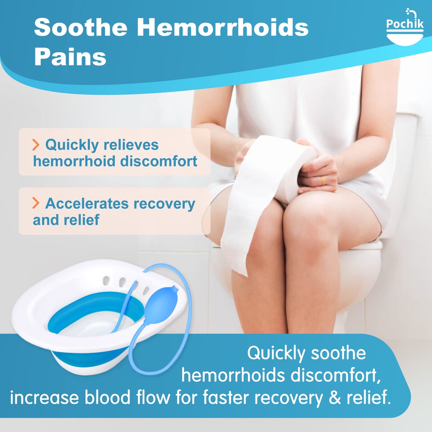 Pochik Sitz Bath for Toilet Seat Hemorrhoids and Postpartum Care, Yoni Steam Seat, Perineal Soaking, Collapsible, Flusher Hose, Drain Holes, Wider Seating Area - Blue