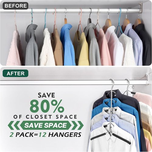 DOIOWN 6-Tier Space Saving Coat Hangers - Non-Slip Foam Padded Black Metal for Men & Women | 2 Pack Closet Organizers