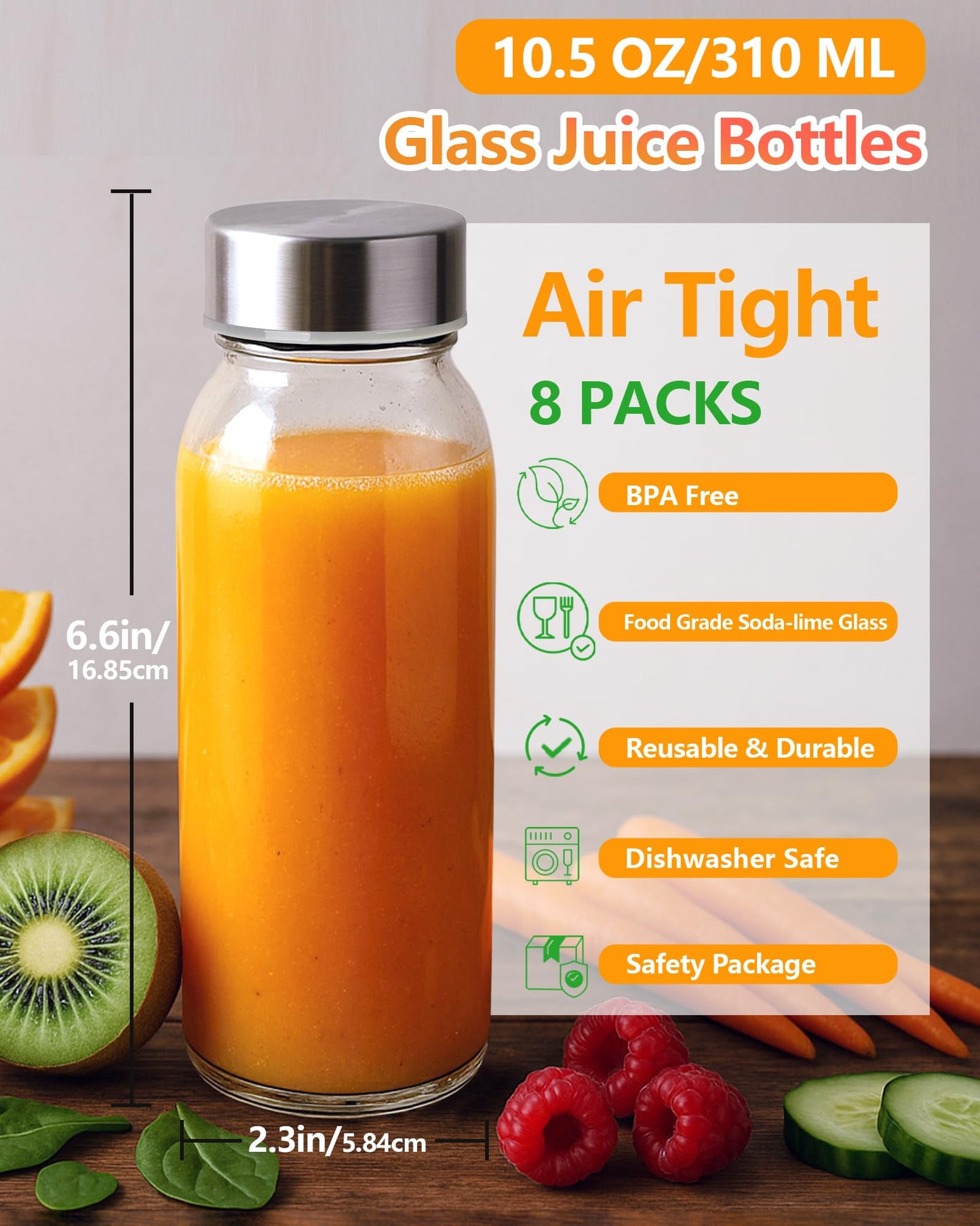 Zukro Glass Water Bottles with Lids 10.5 oz, 8 Pack Clear Reusable Glass Small Juice Bottles With Stainless Steel Cap for Juicing, Milk, Ginger Shot, BPA-Free Leak Proof 300ml Drinking Container Jar