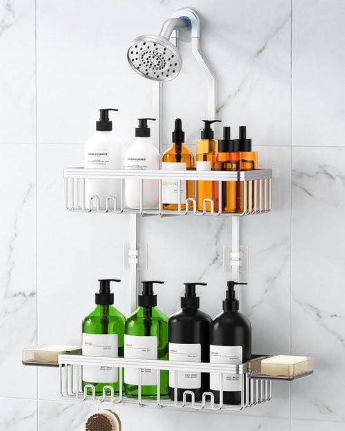 Aluminum Shower Caddy by [Brand Name] - Rust-Free Hanging Organizer with Hooks & Soap Holder | Bright Silver