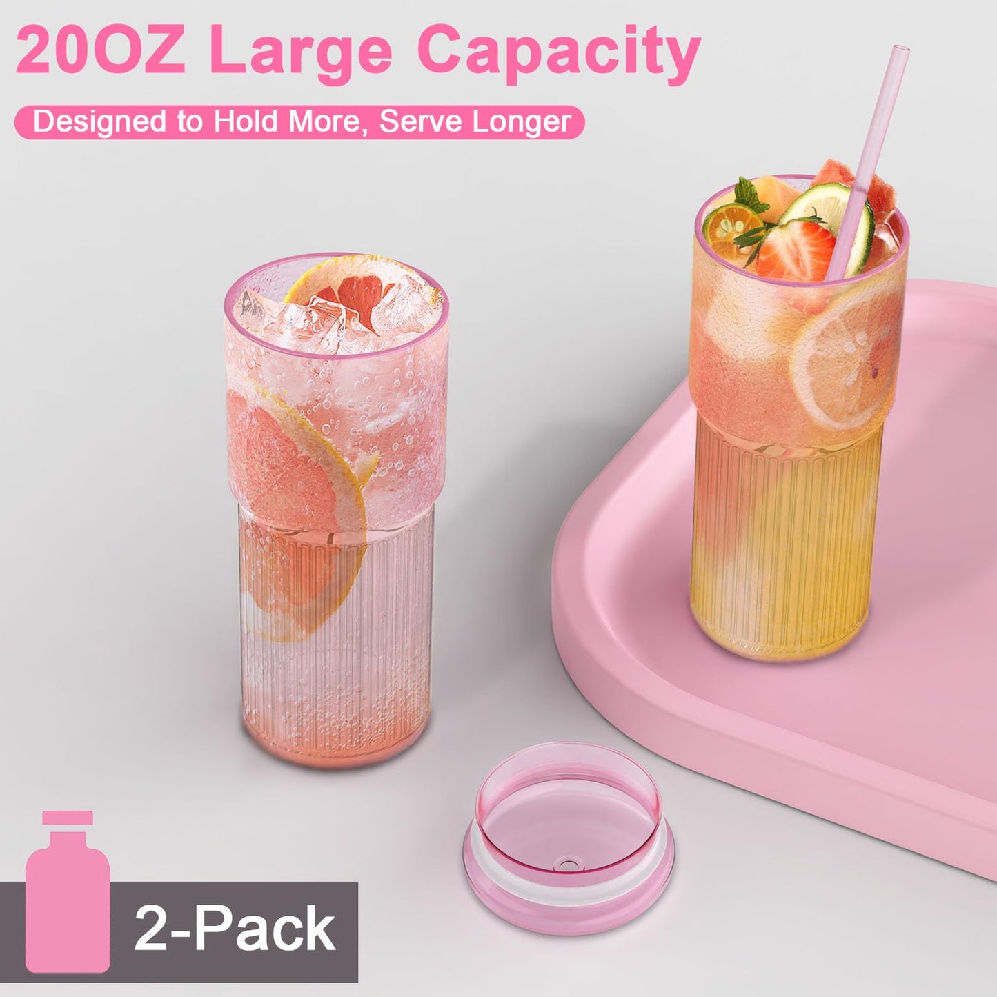 Luiaiog Glass Cups with Lids and Glass Straws, High Borosilicate 20OZ Pink Tumblers (2Pcs) for Coffee, Tea, Juice, Smoothies, Hot & Cold Drinks at Home/Office