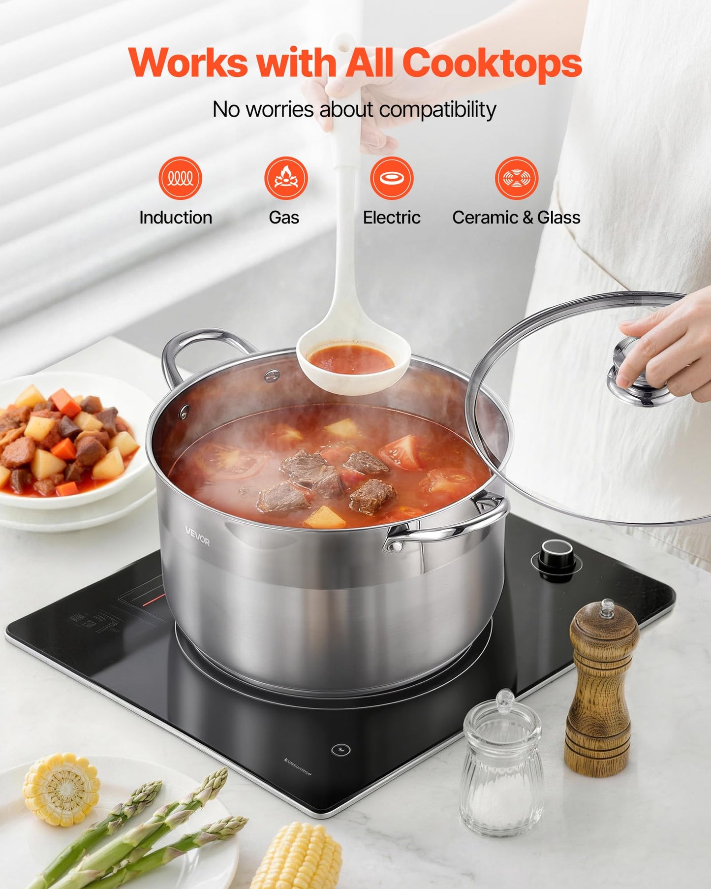 VEVOR Stainless Steel Stock Pot, 12QT Stainless Steel Stockpot with Glass Lid, PFOA-Free, PFAS-Free, Compatible with Gas Stoves, Induction Cooktops, Electric Stoves, for Soups, Stews, and Pasta