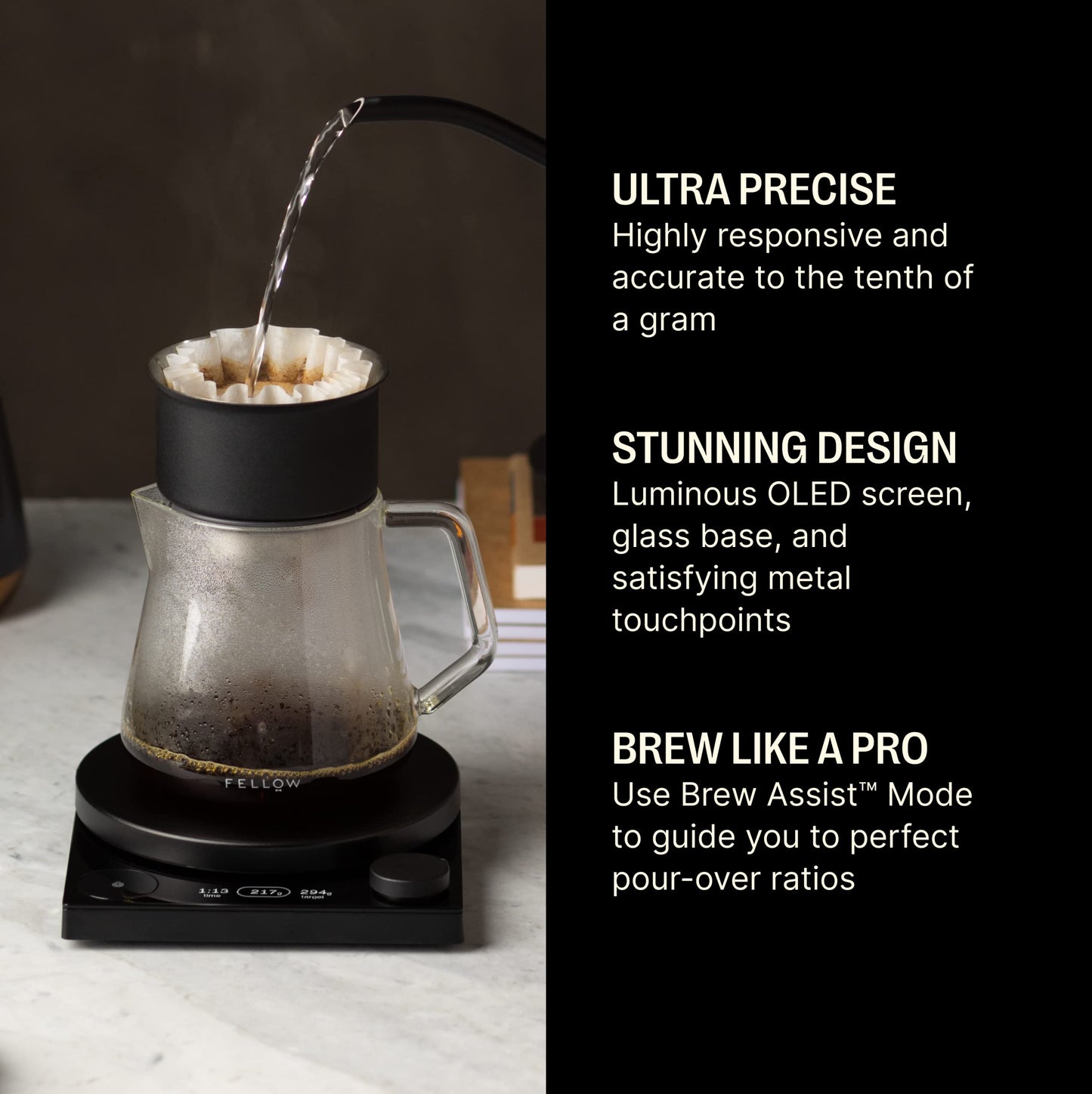 Fellow Tally Pro Coffee Scale with Timer – Espresso Scale for Pour Over and Barista Brewing, Brew Assist Mode, 0.1g Accuracy, OLED Display, Rechargeable, Glass Top – Matte Black