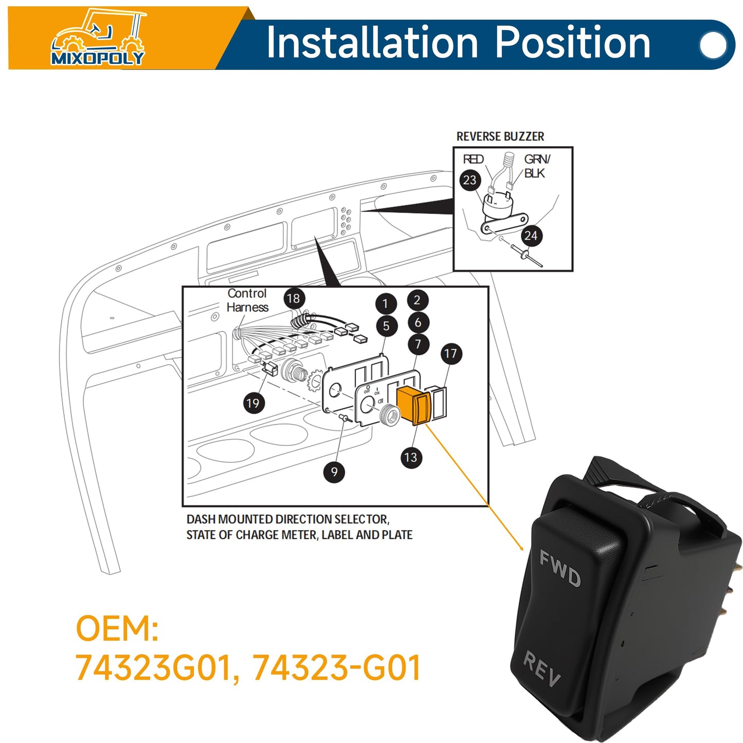 MIXOPOLY Golf Cart Forward Reverse Rocker Switch for EZGO TXT PDS 2003-Up Electric Golf Cart, Replace OEM 74323G01, 74323-G01