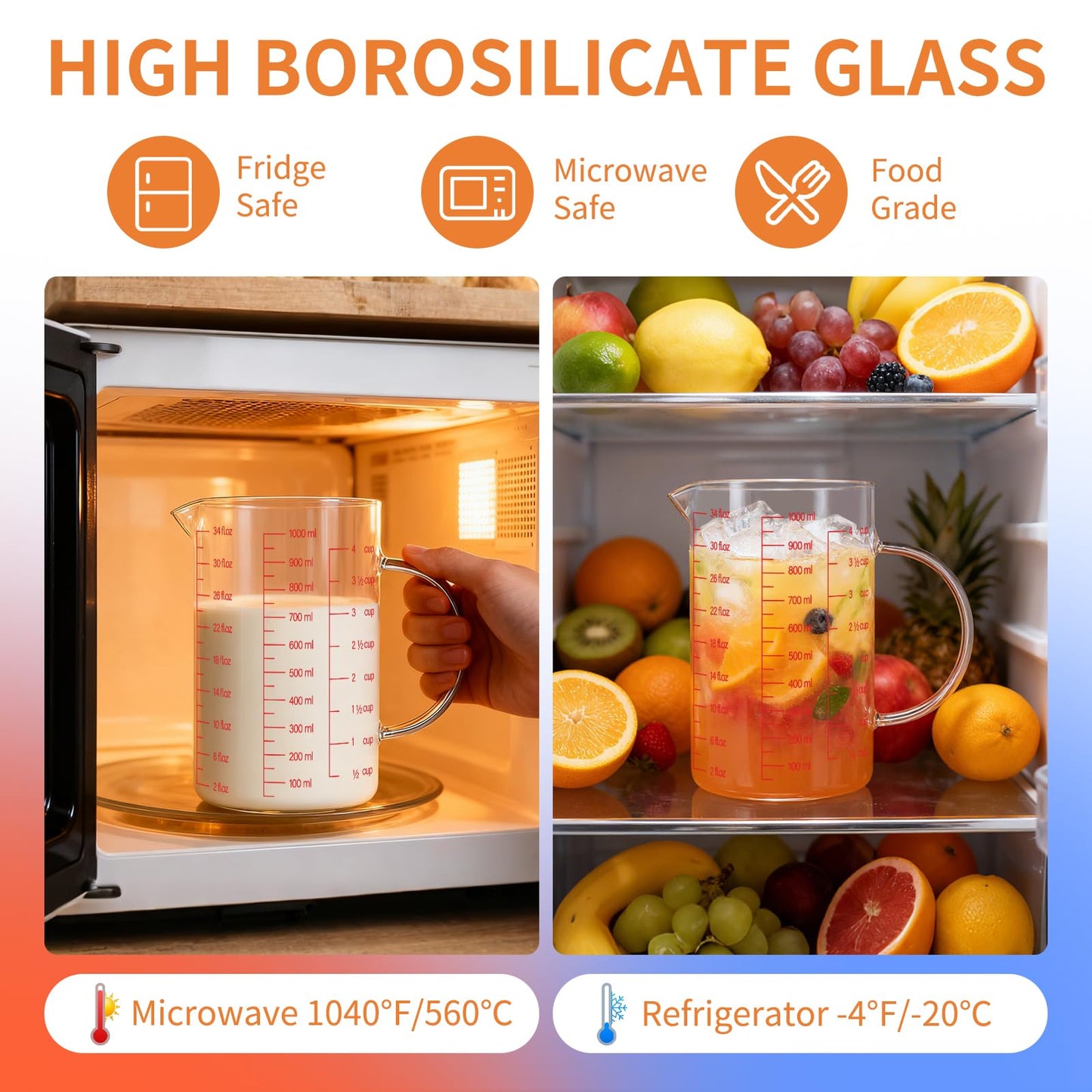Luvan 34OZ/1000ML Glass Measuring Cup, 4 Cup Glass Measuring Cups With 3 Scales (Ml/Oz/Cup), High Borosilicate Measuring Cup With Handle and V-Shaped Spout, Dishwasher/Freezer/Microwave Safe