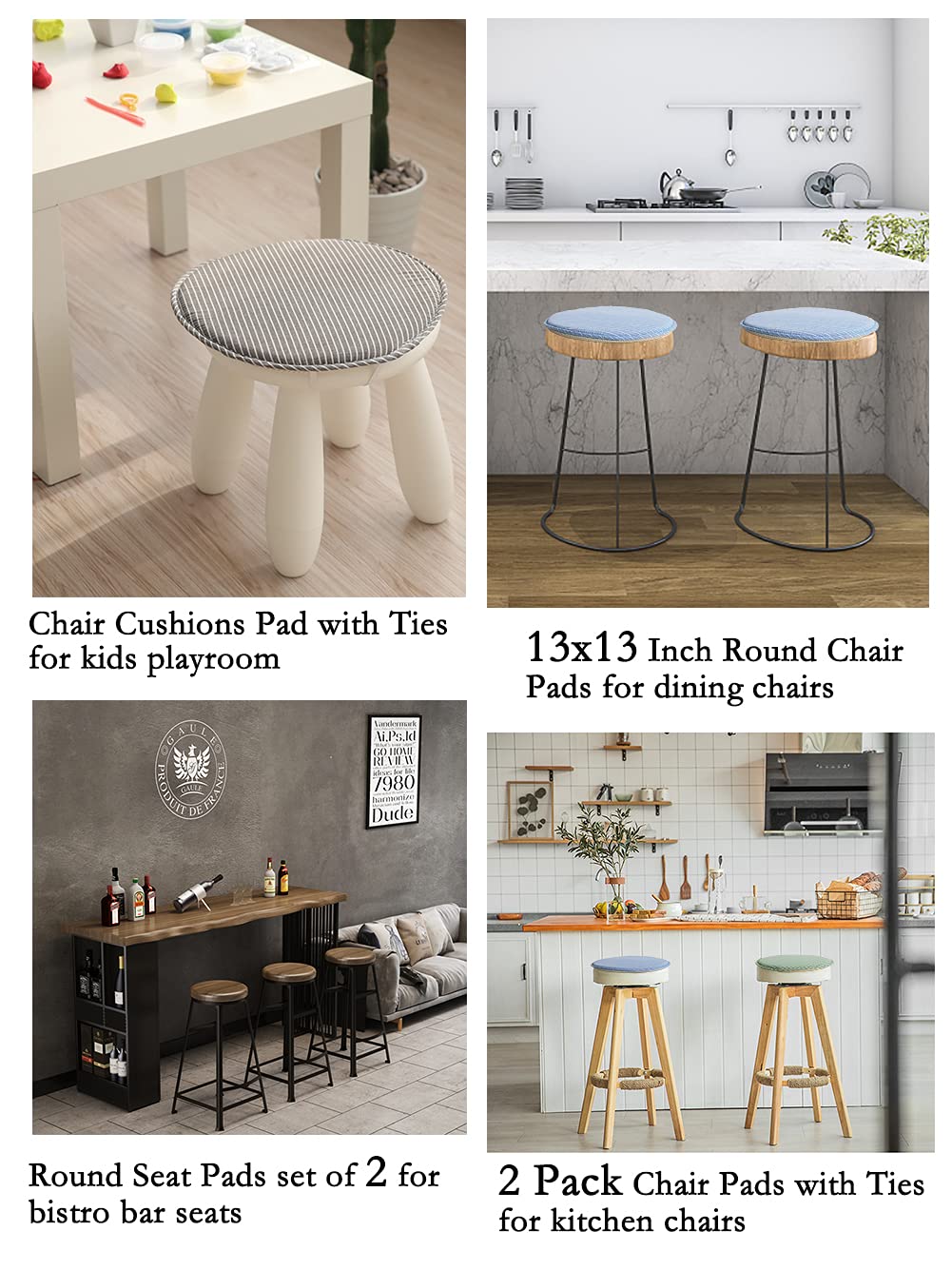Round Stool Chair Cushions for Kitchen Dining Seat Pads with Ties 2 Pack Non Slip Cushions Pad for High Stool Chairs Bistro Bar Seat 13 Inch, Grey Strip