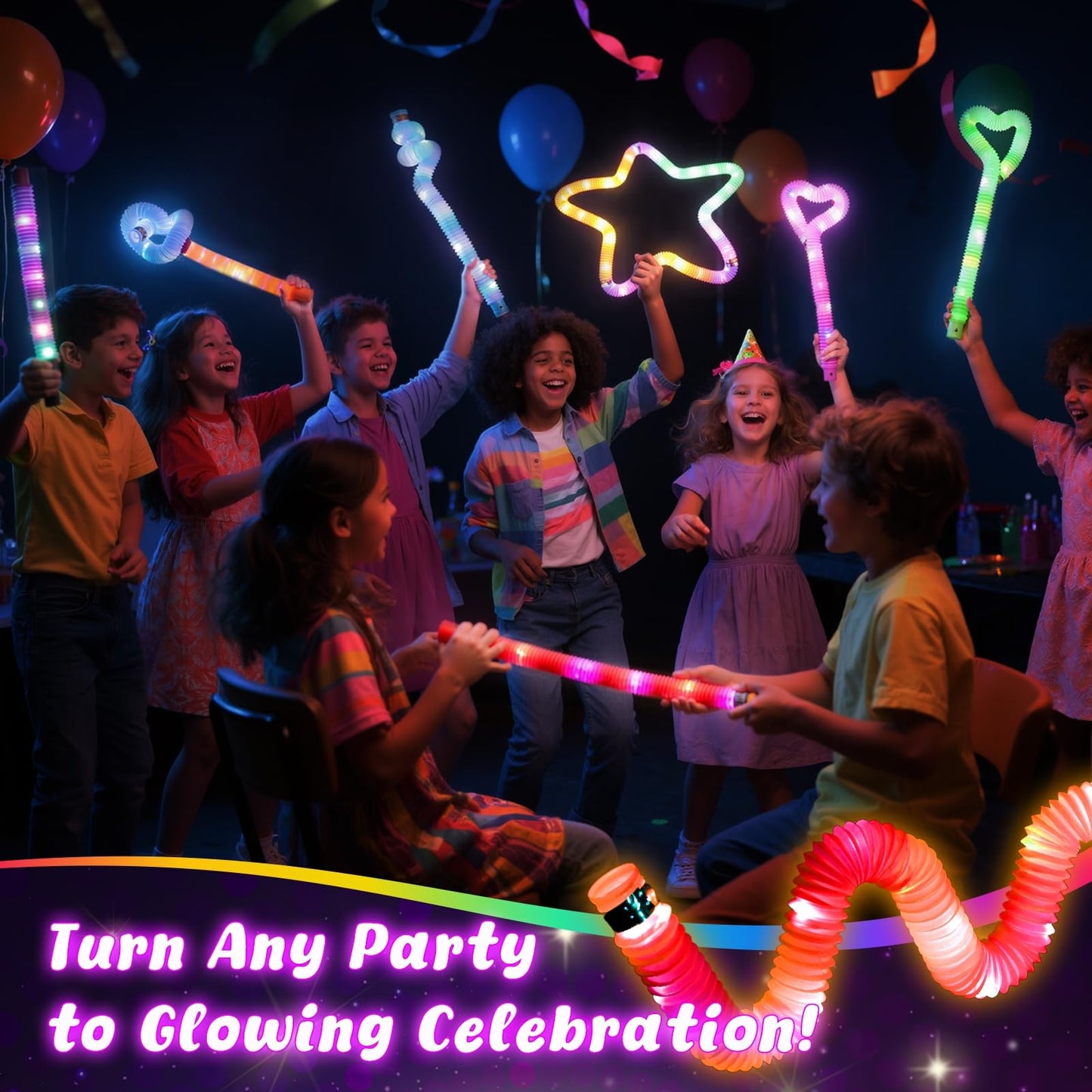 LovesTown 24PCS Light Up Glow Sticks Pop Tubes for Party Favor, Glow in the Dark Party Favor Supplies for Kids Supplies, Light Up Necklace Bracelet Accessories for Boys Girls Birthday