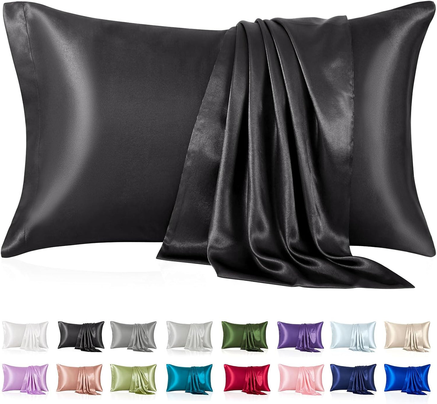 Skiennix Silk-Like Satin Pillowcase - Cooling & Smooth for Hair/Skin | Standard Size, Black, 2 Pack (20x26)