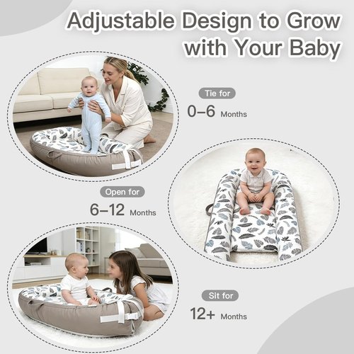 Infant Support Cushion - Reversible & Adjustable Baby Tummy Time Mat | Portable, Soft, Washable Cover | Grey Leaves