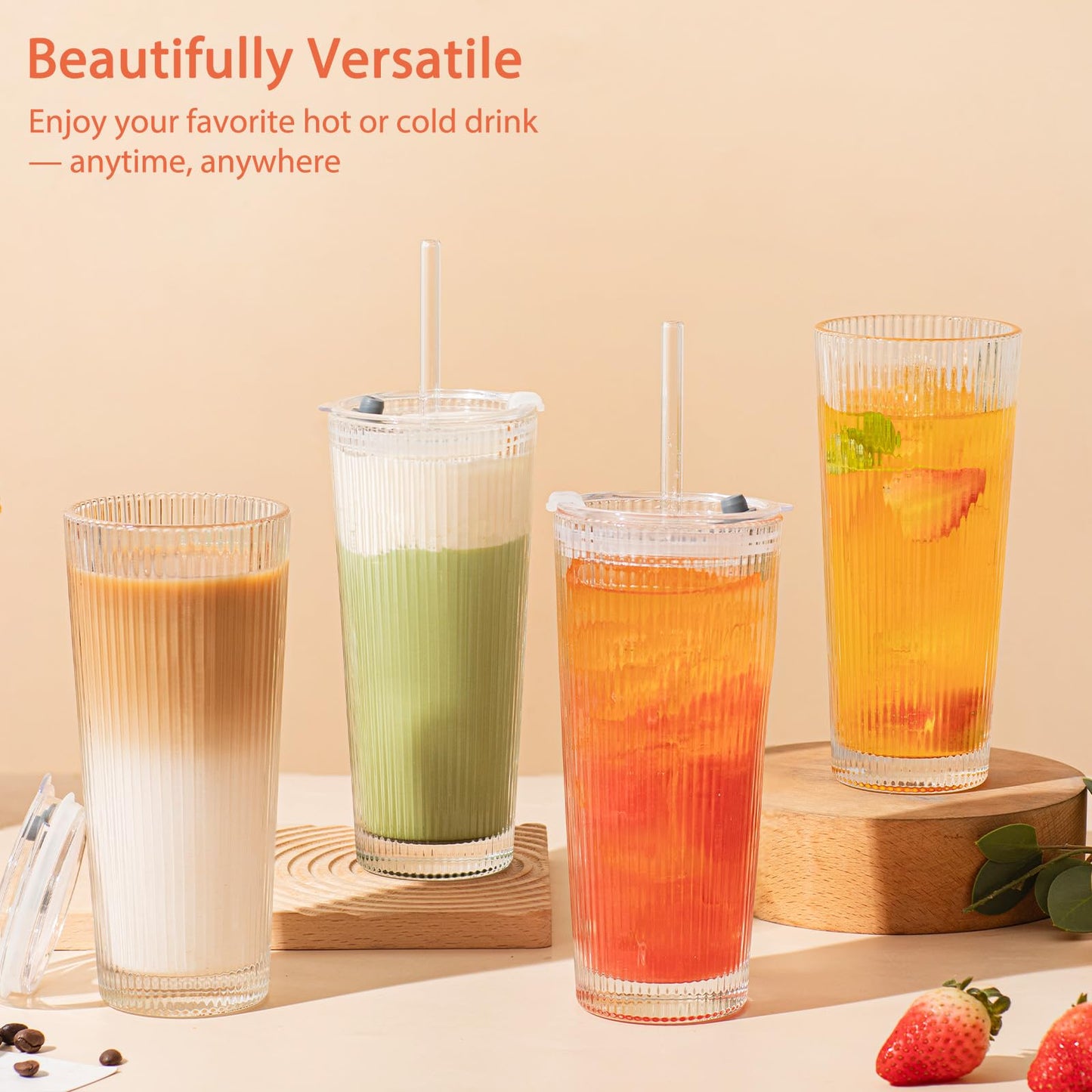 SoulTimes 16oz Ribbed Glass Tumbler with Lid and Glass Straw – Set of 4 Glass Cups with Lids and Straws for Coffee, Smoothies, Cocktails and More, Reusable Iced Coffee Cups for Daily Use and Travel