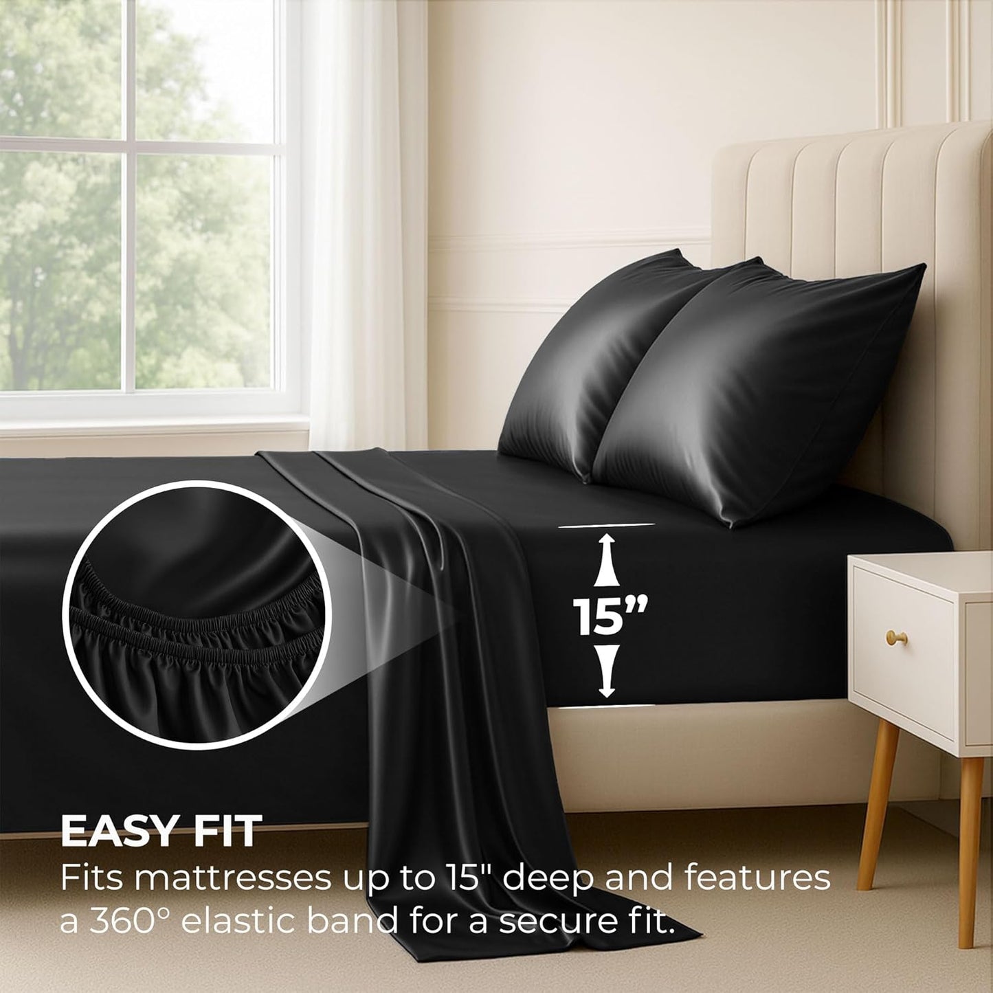 Pure Bedding Satin Sheets - Luxurious 4-Piece Queen Set in Black | Extra Soft 1800 Microfiber, Deep Pocket Design