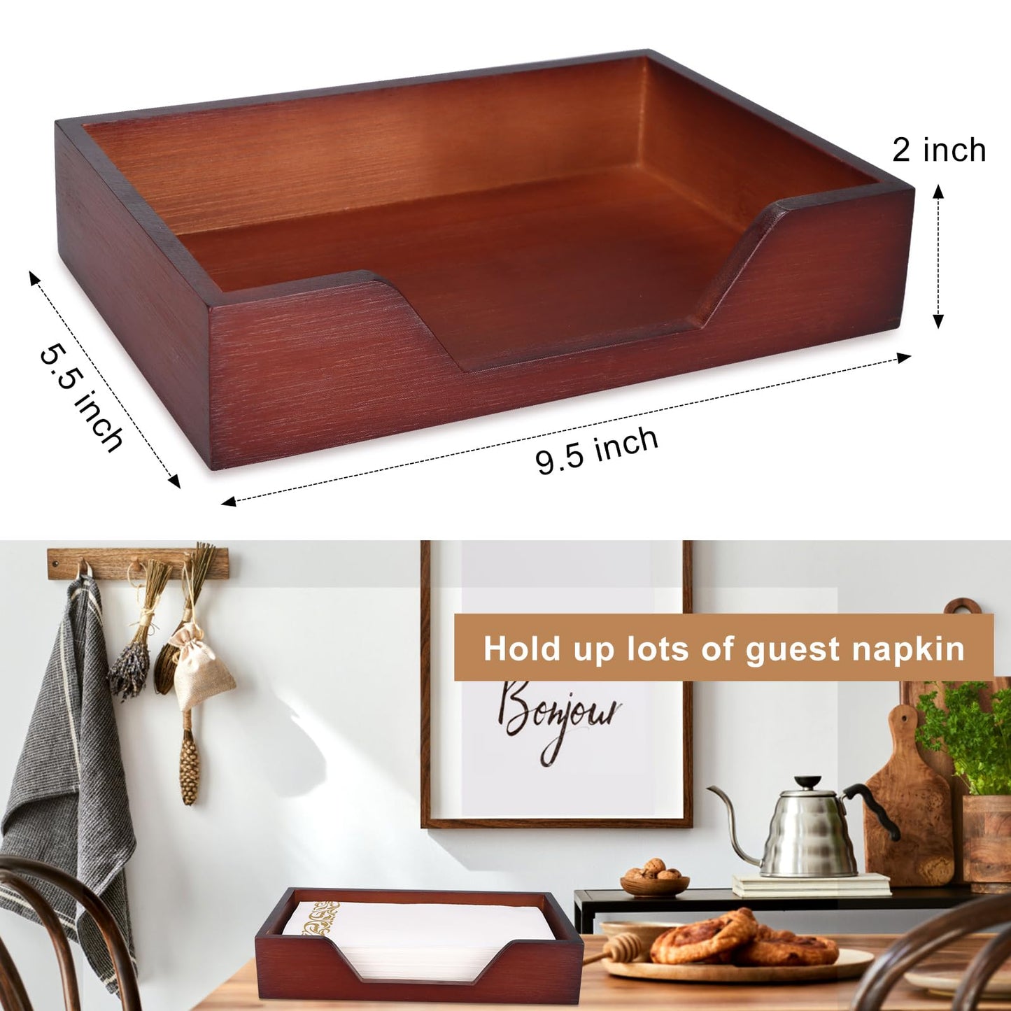 Gtencemen Bamboo Napkin Holder for Kitchen Table Bathroom Paper Towel Holder Farmhouse Flat Napkin Holders Brown Guest Towel Holder Hand Towel Tray Rectangle Napkin Holder