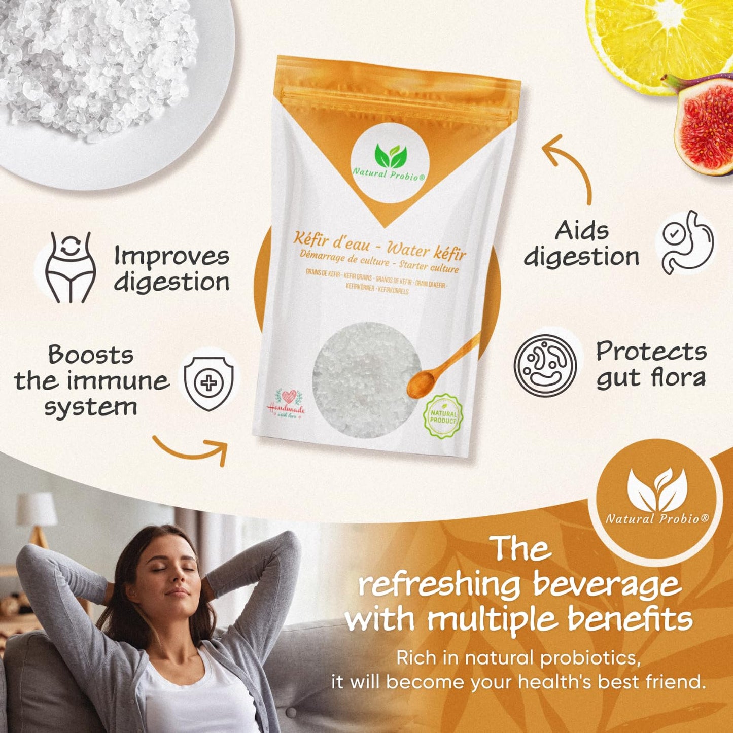 Natural Probio® Water Kefir Grains - Starter Culture Kit – Fruit Kefir + Complete Guide, Recipe & Tips + Ebook Library Access + Customer Support (0.35 oz dehydrated / 2.12 oz rehydrated)