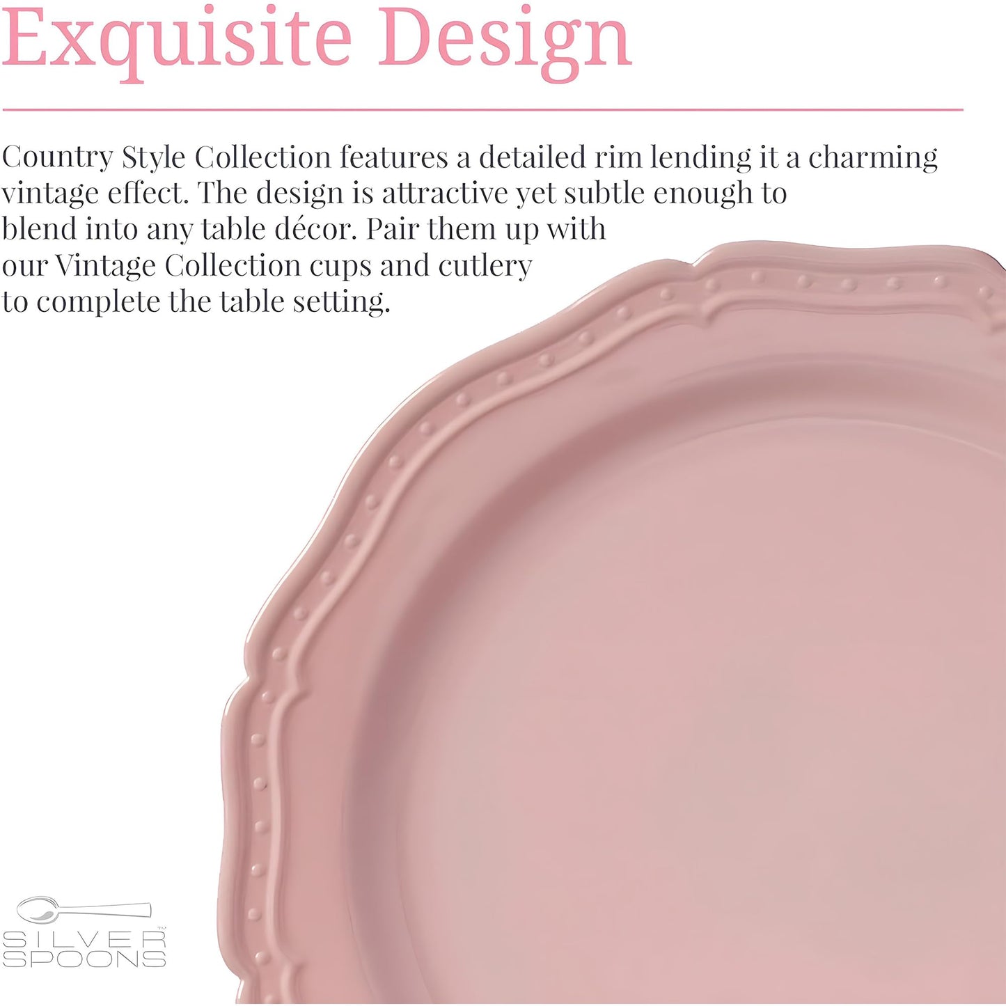 CountrySide Vintage Embossed Blush Plastic Dessert Plates for Party (20 PC) Heavy Duty Disposable Dinner Set 7.5", Fine China Look Dishes and Perfect Disposable Plates for Baby Showers, Weddings etc